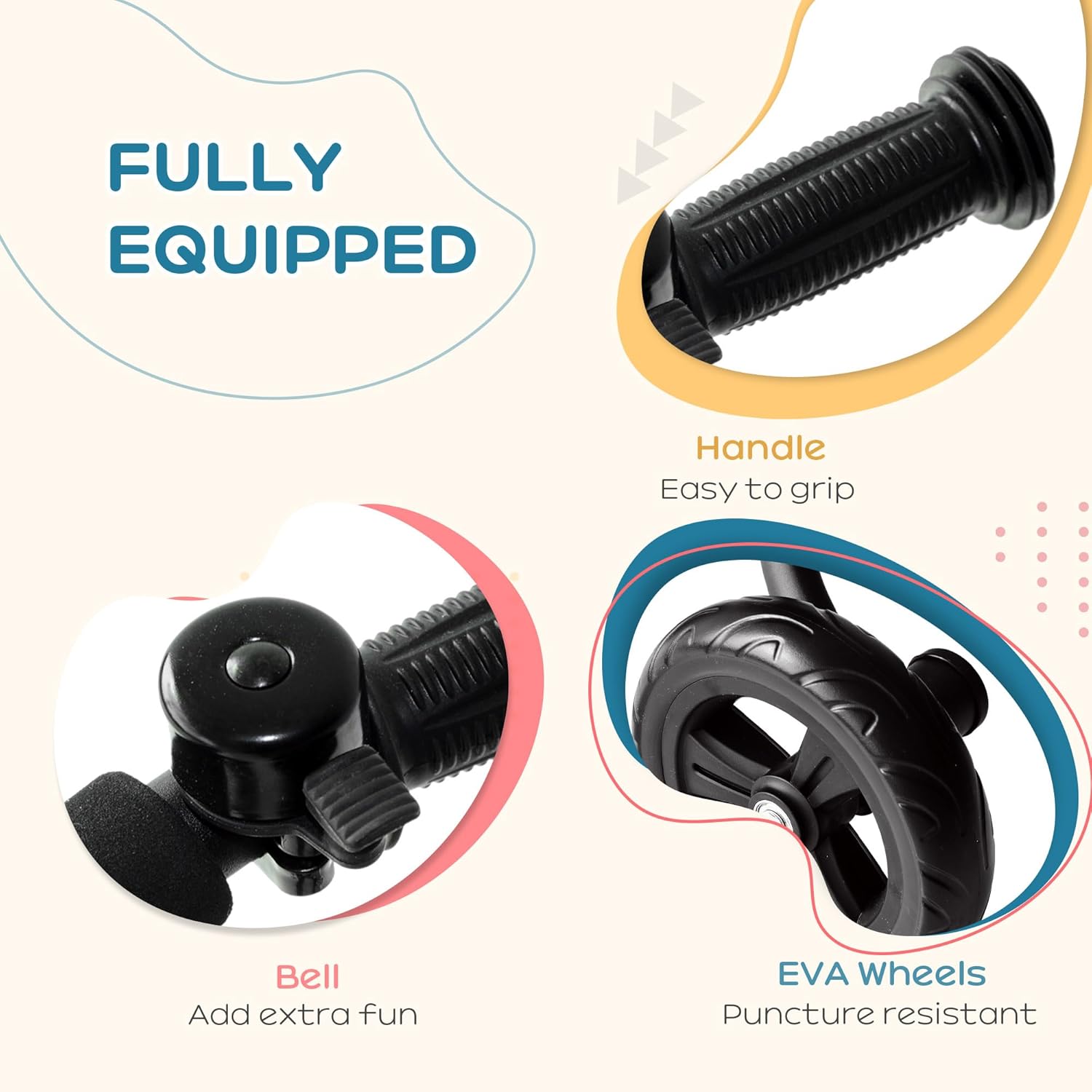 Close-up of the tricycle handlebars with a bell, showing the easy-grip design.