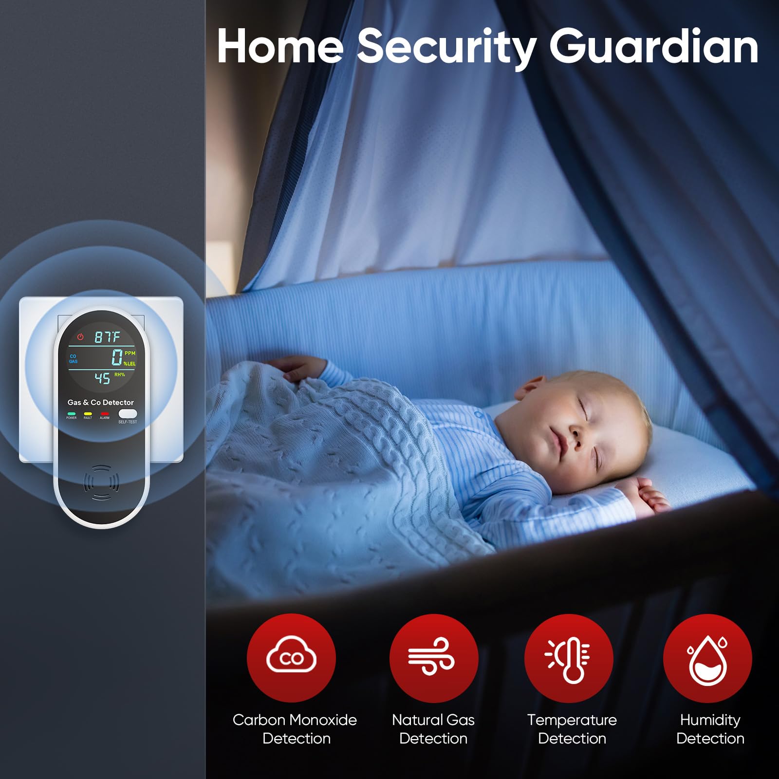 NICGOL 4 in 1 Upgraded Natural Gas Leak Detector and Carbon Monoxide Detectors, Dual Sensor Gas Leak Detector & Carbon Monoxide Detectors Plug in (Temperature & Humidity) for Home, RV (Black)