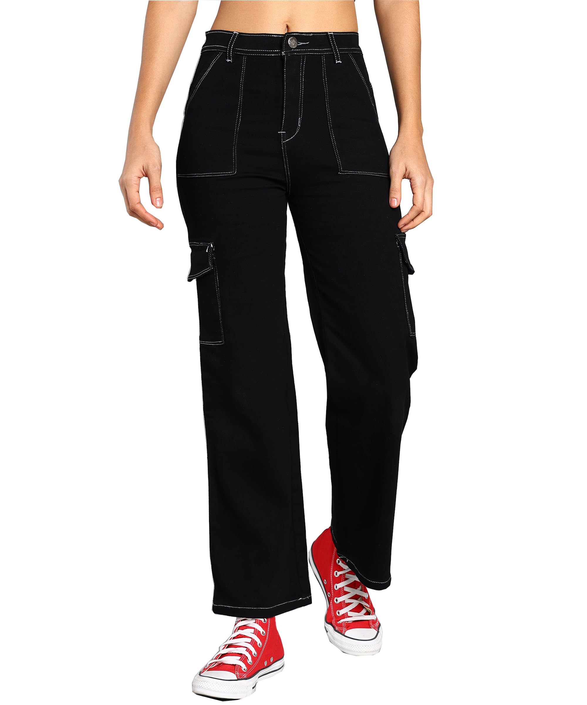 NiftyWomen's Cotton Blend Stretchable Black Cargo Jeans