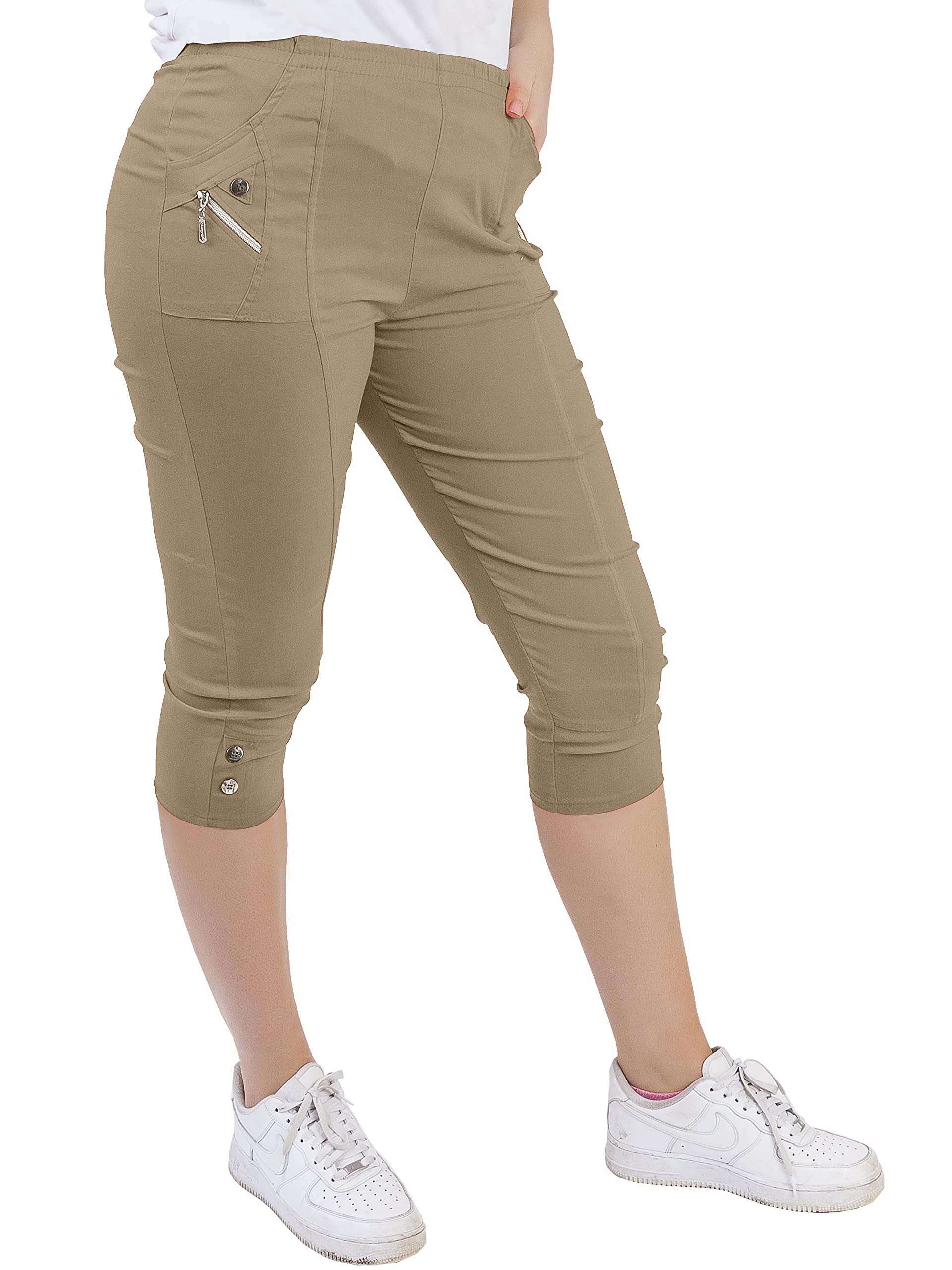 Love My Fashions® Womens Summer Causal ¾ Length Calf Shorts Ladies Cropped Capri Trousers Elasticated Waist Stretch Pocket Pants Cycling Running Jogging Bottom Plus Size 10 12 14 16 18