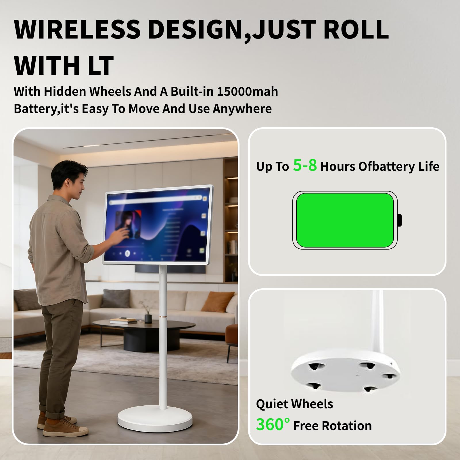TV Portatile su Ruote | 23,8"/32" Touchscreen 1080P | Batteria 10000/15000mAh | 8 GB + 128 GB | Android 13 | con Telecomando | Fotocamera 13 MP | per Home Theater, Fitness, apprendimento 32"