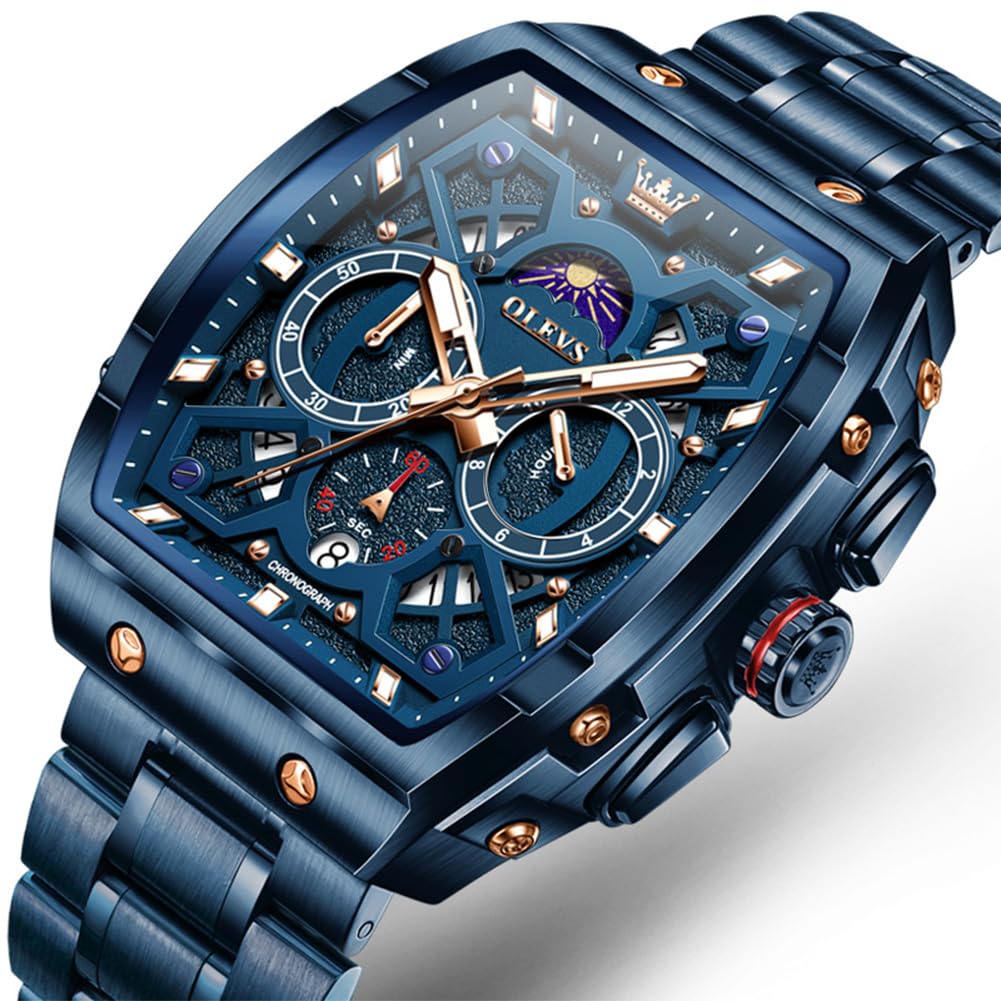 OLEVS Herren-Armbanduhr, modisch, analog, Quarz-Armbanduhr für Herren, rechteckig, großes Zifferblatt, Edelstahl-Uhrenarmband, wasserdicht, Militäruhr, Kalender, Datum,