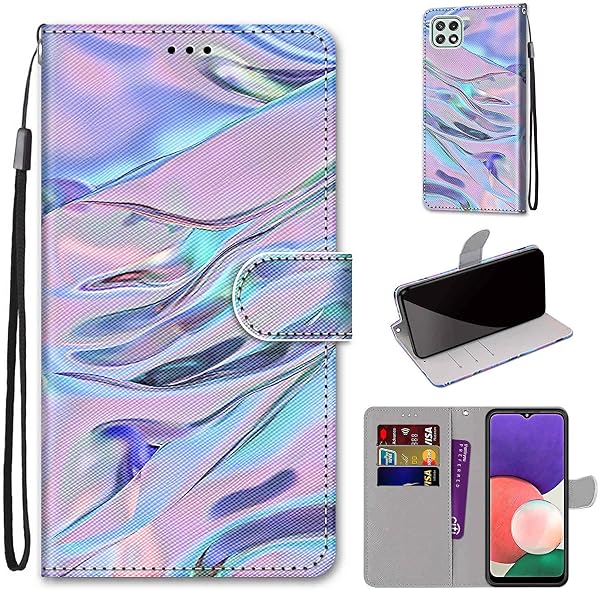 Coque pour Samsung Galaxy A22 5G, Etui en Cuir PU Portefeuille Housse Coque avec 360 Degrés Silicone Antichoc Protection Cover Cuir Pochette Magnétique und Flip Béquille (Fluorescent) - 2