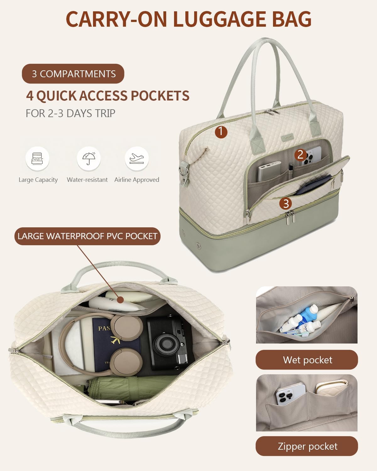 Weekender Bags for Women, Travel Duffle Bag Carry On Overnight Bag with Cosmetics Bag and Crossbody Purse for Gym Hospital, Gifts for Women, Beige Green - Image 5