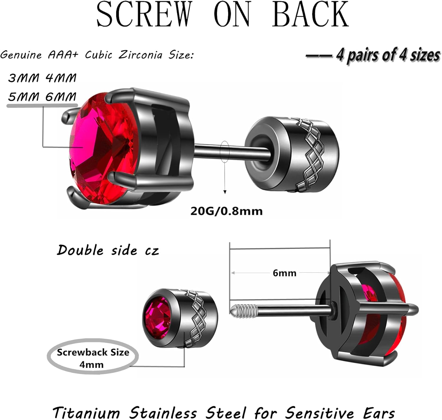 4 Pairs Titanium Hypoallergenic Earrings for Sensitive Ears,Rainbow 5A Cubic Zirconia Screw Back Stud Earrings for Women Men Surgical Stainless Steel Double Side Earrings Piercing Sleeper Studs Jewelry - Image 2