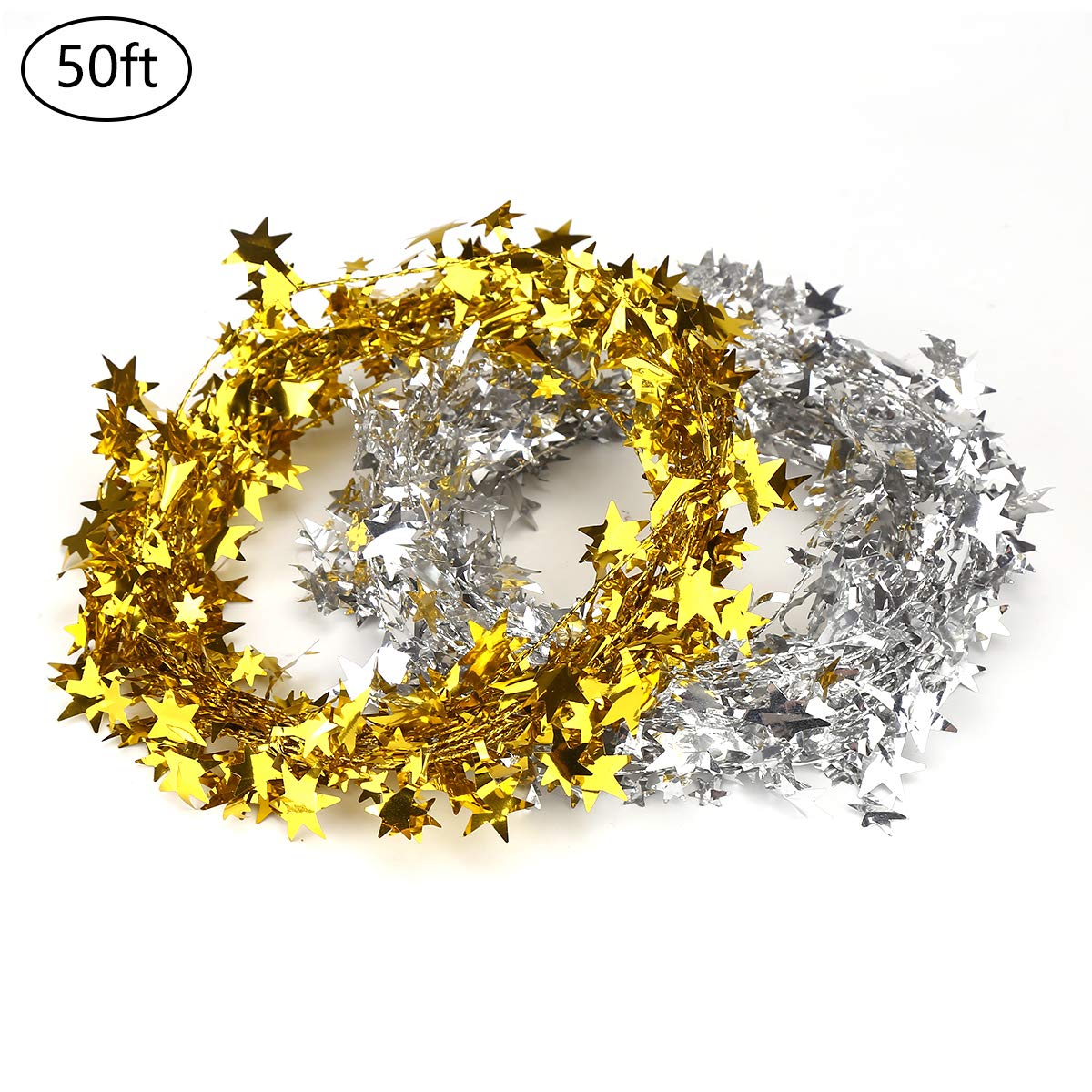 CCINEE 50FT Star Tinsel Garlands with Wire, Christmas Star Wire Garland Decorations for Xmas Tree Home Wedding Birtahday Party Festive Ornament, Golden and Silver, 2 Pack