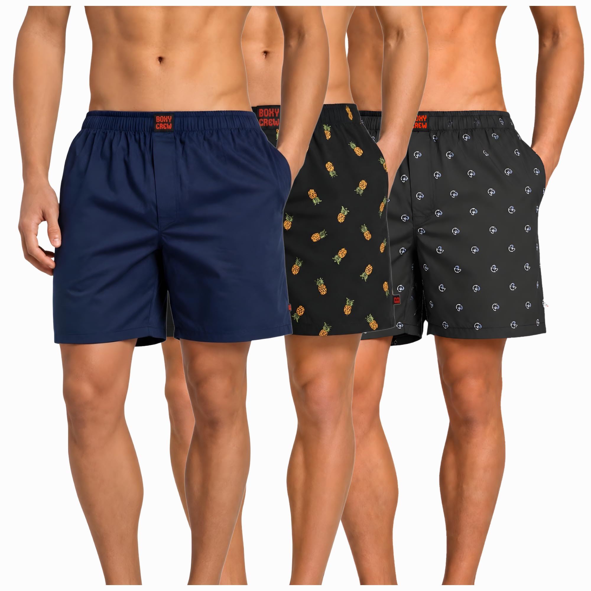 Men's 100% Cotton Boxer Shorts Pack of 3, Navy Blue, Charcoal & Navy Blue | Woven Boxers with Side Pockets, No-Marks Elastic Waistband, Breathable Relaxed Fit | Style 002-004-009-image-9