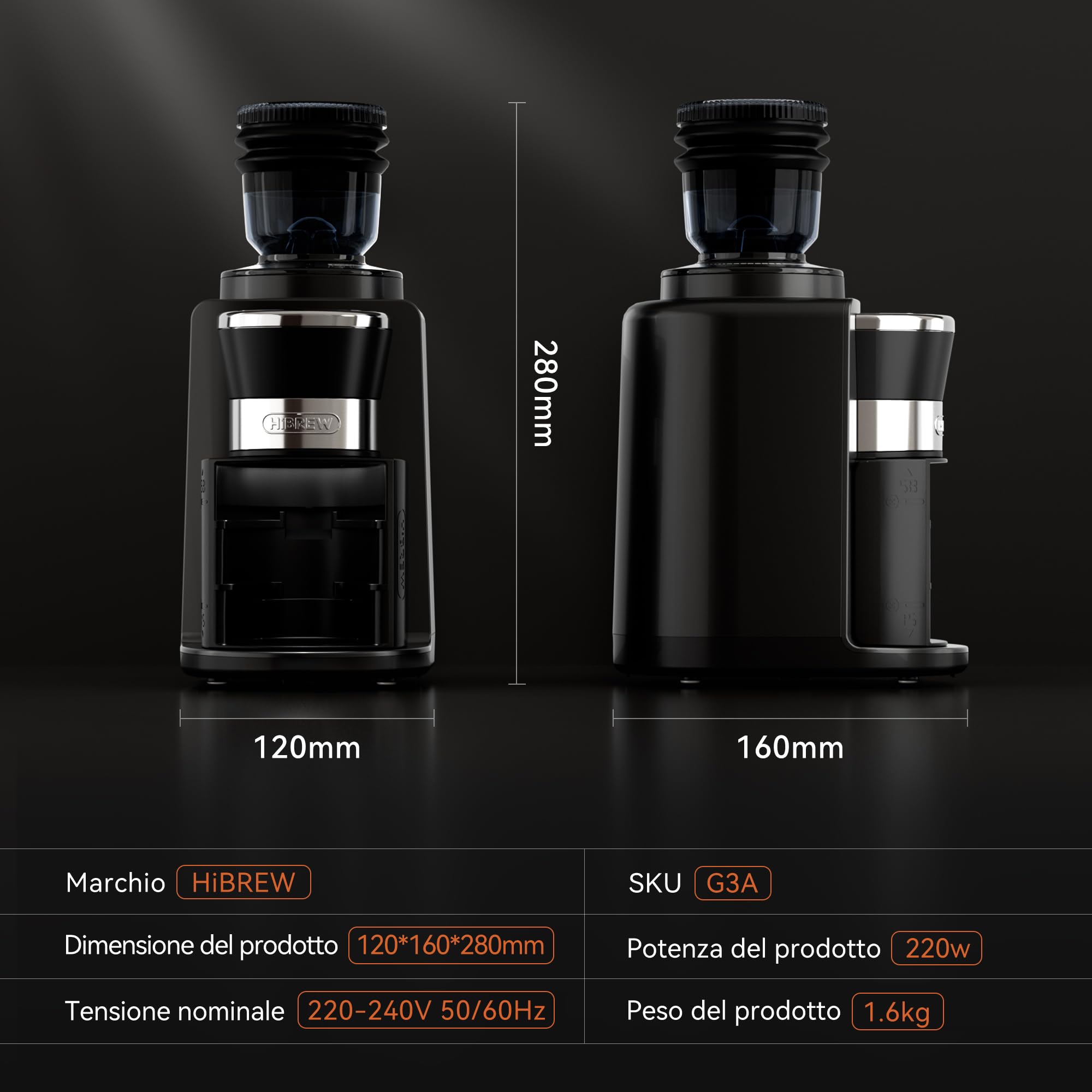 HIBREW Macinacaffè elettrico – Macinacaffè conico in acciaio inox con aroma conservato, tazza singola, 200 Watt, 31 impostazioni di macinazione regolabili