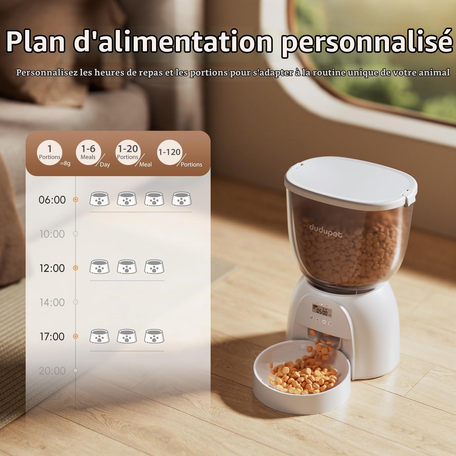 Distributeur Croquettes Chat Automatique 5L - Distributeur Croquettes Chat avec Minuterie Programmable - 1-6 Repas par Jour - Amovible et Lavable, Mangeoire de Nourriture pour Chien