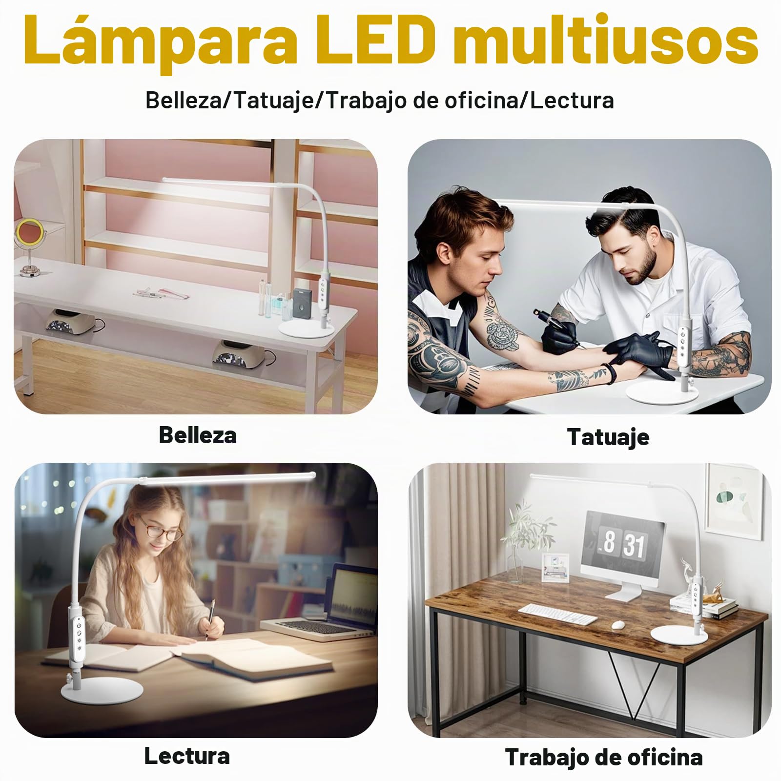 CGBE 60cm Lámpara para Mesa de Manicura LED 18W para Técnico de Uñas Blanco | 3 Modos y 5 Brillos Flexo de Escritorio de Uñas, Control Táctil, Luz Protector de Ojos para Manicura Lectura Estudio Trabajo