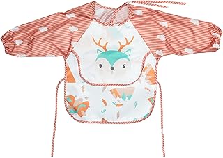 مريلة اطفال باكمام طويلة بطبعة غزال وجيب سيليكون للجنسين من ميكس اند ماكس - برتقالي