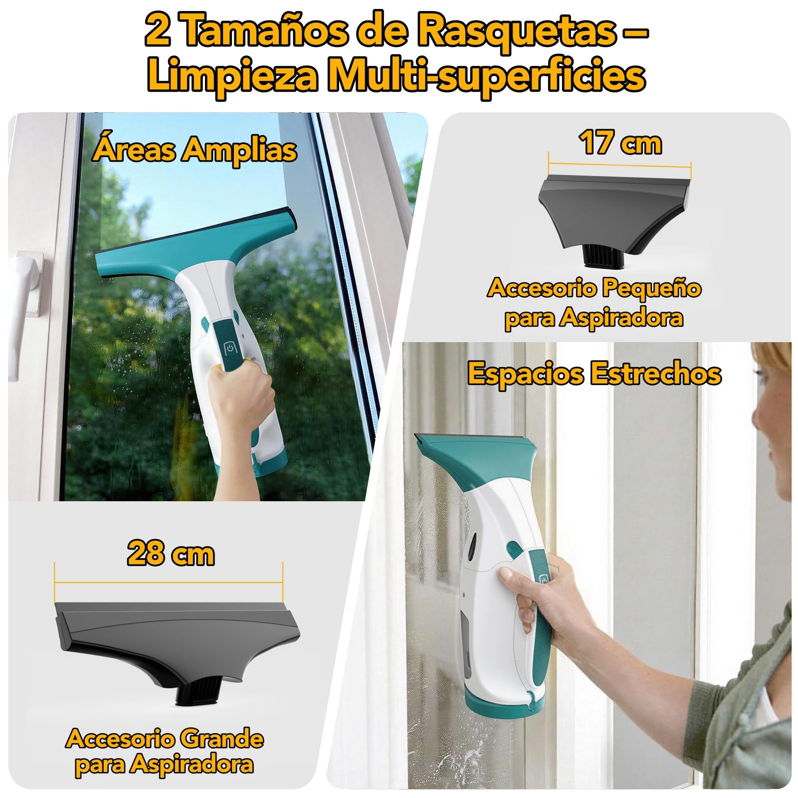 EAVE Limpia Cristales, Kit de Limpiacristales Electrico Mejorado con Escobillas de 17cm & 28cm, Limpiacristales con 40min de Autonomía & Tanque de Agua de 270ml, Apto para Ventanas, Baños, WC09(WH)