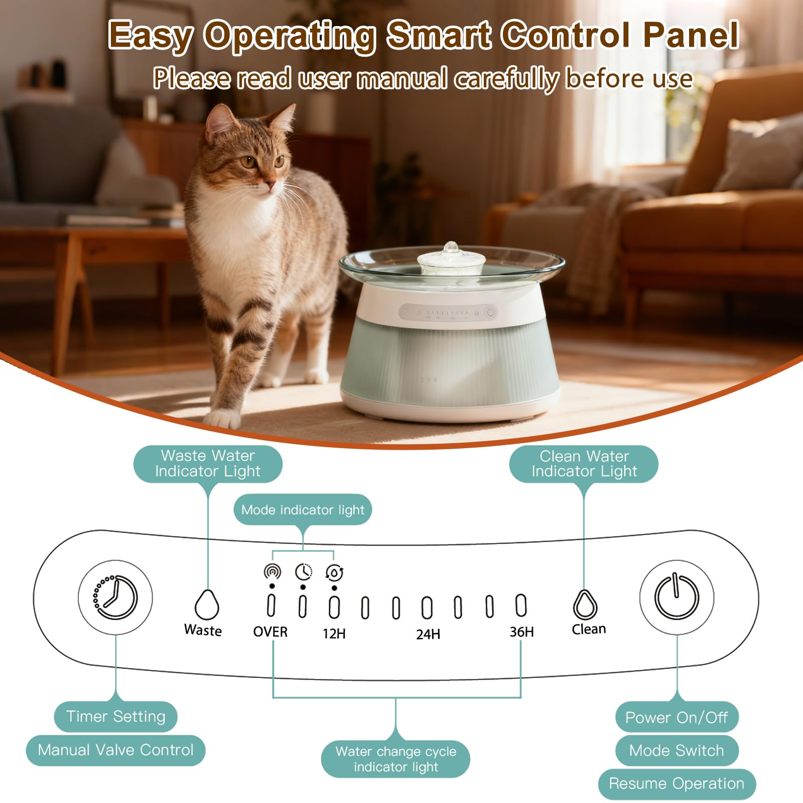 Fuente de agua inteligente de vidrio para gatos, fuente de agua inalámbrica sin filtro, no necesita filtro, dispensador de agua inalámbrico ultra silencioso para mascotas para interiores