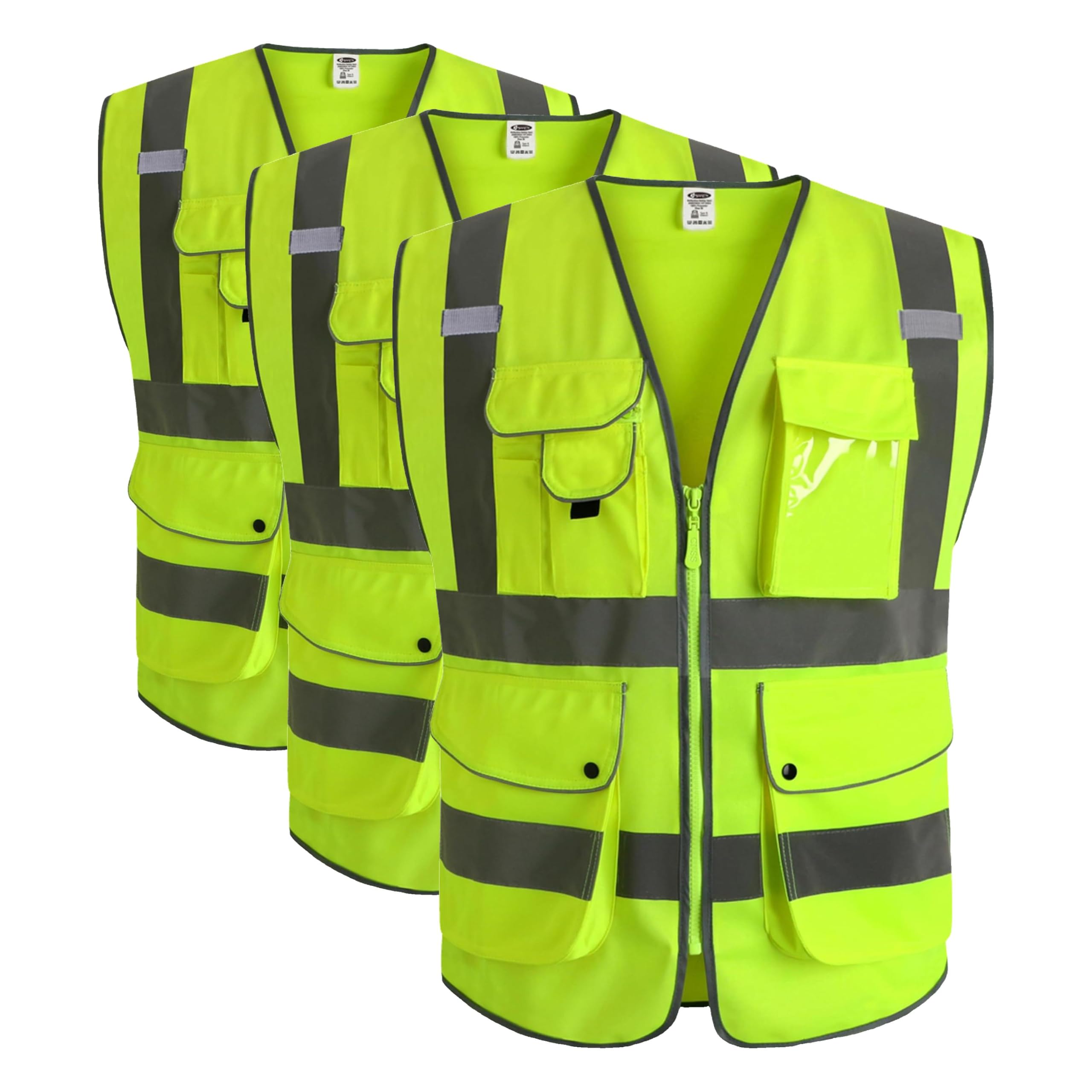 JKSafety 9 Pockets Class 2 High Visibility Zipper Front Safety Vest With Reflective Strips,Meets ANSI/ISEA Standard (Large, 150-Yellow) (Pack of 3)