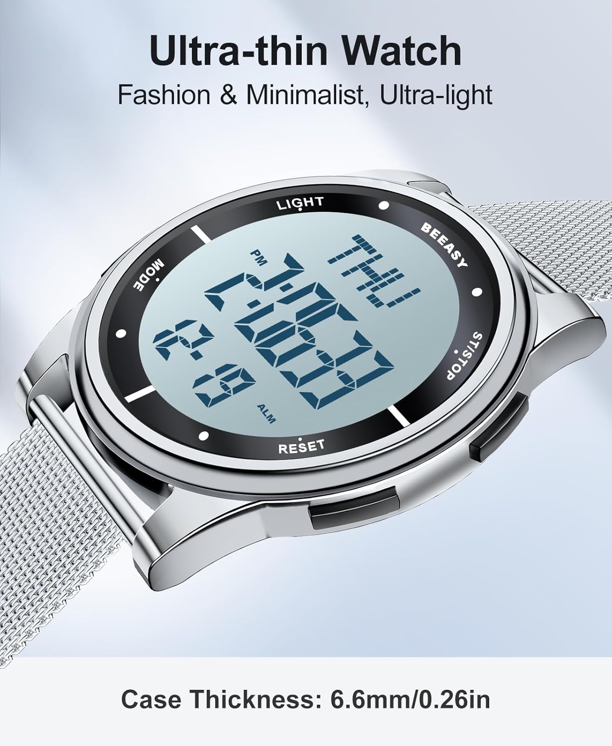 Beeasy Digital Watch Waterproof with Stopwatch Alarm Countdown Dual Time, Ultra-Thin Super Wide-Angle Display Digital Wrist Watches for Men Women - Image 4