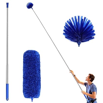 LAZYCOTTAGE Upgraded Two-Piece dust Removal Set, Spider Web dust Removal, Microfiber Feather Duster, with 100-inch Telescopic Telescopic Rod, high-Altitude dust Collector(Blue)