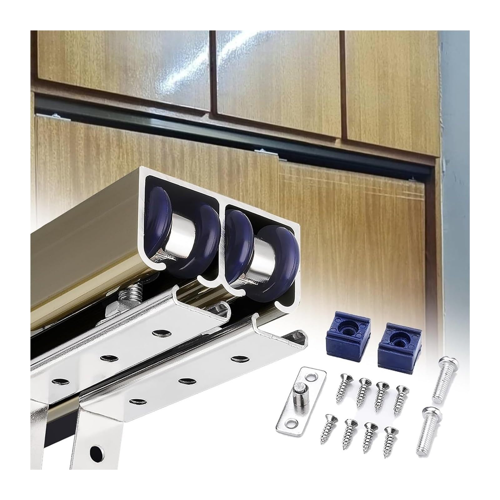 EBZFASO Sliding Door Track, Top Mount U Channel Sliding Door Kit 4 Wheel Rollers Bypass Rail(Champagne,2.4m/7.9ft)