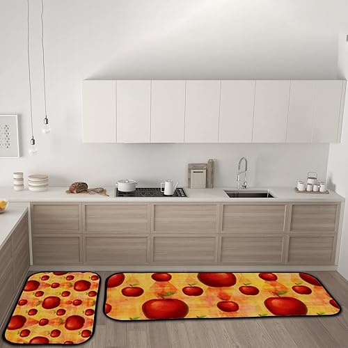 Kuizee Kitchen Mat Set of 2 Pieces Anti Fatigue Rugs Vintage Fruit Red Apple Soft Water Absorbent Non-Slip Standing Mats Kitchen Decor Floor 177x 29