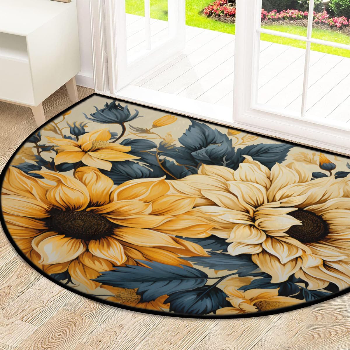 Mexpekil Paillasson bohème motif tournesols en demi-lune pour intérieur et extérieur - Tapis de sol antidérapant - Lavable - Absorbant la saleté - Demi-rond - 100 x 160 cm