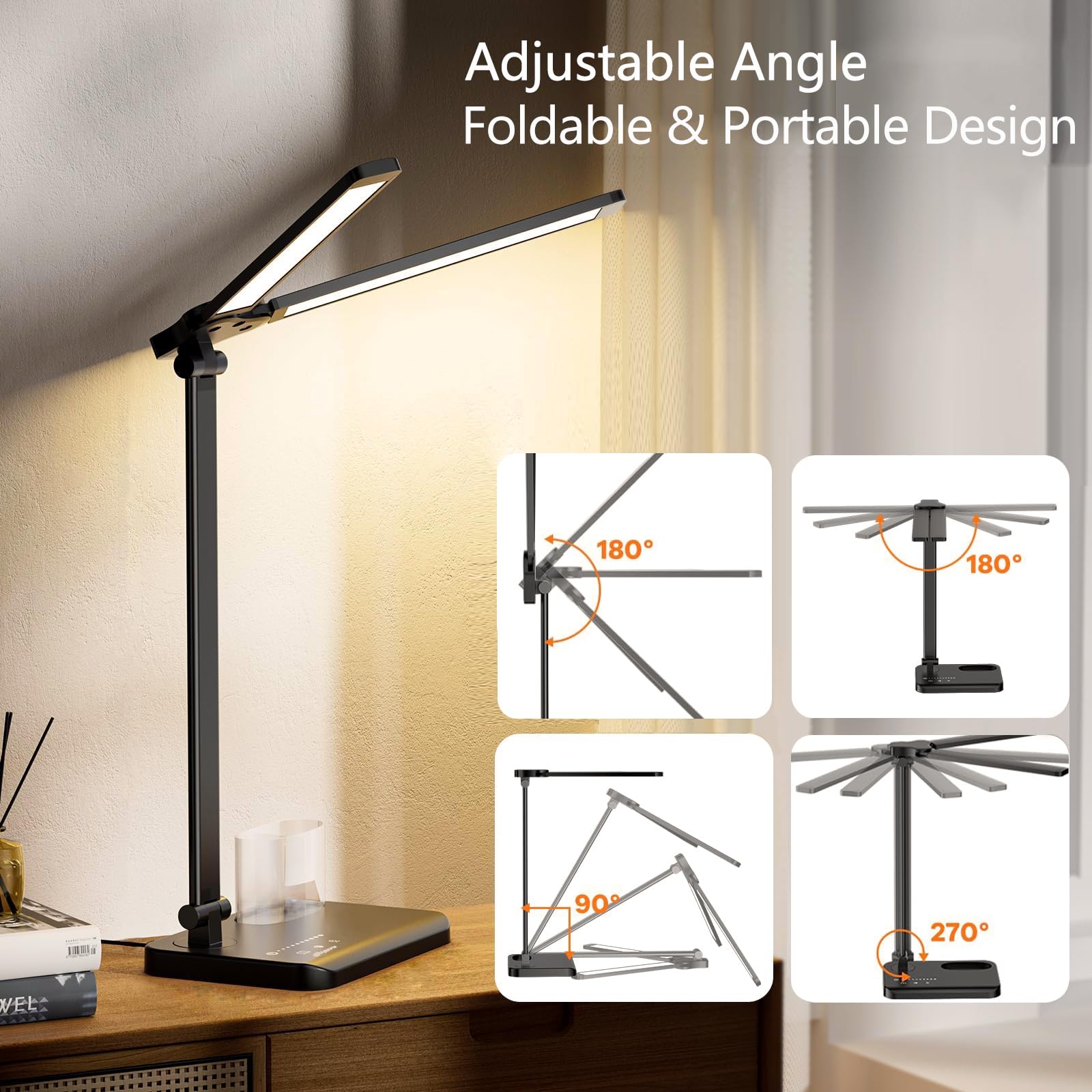 rigors Lampada da Tavolo Doppia Testa con Adattatore, 10 livelli di luminosità 5 modalità di illuminazione, Lampada da Scrivania con porta di ricarica USB e Timer 45 minuti per Ufficio, Monito