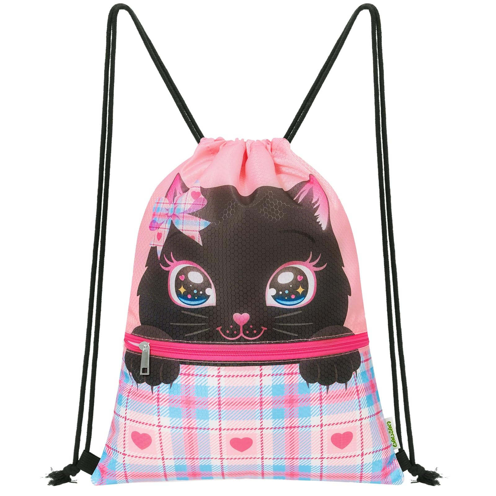 WAWSAM Drawstring Bags for Kids, Cat Gym Bag for Girls, Waterproof Gym Swim Bag for Swimming Beach String Cinch Backpack, Back to School Birthday Gift with Zippered Pocket
