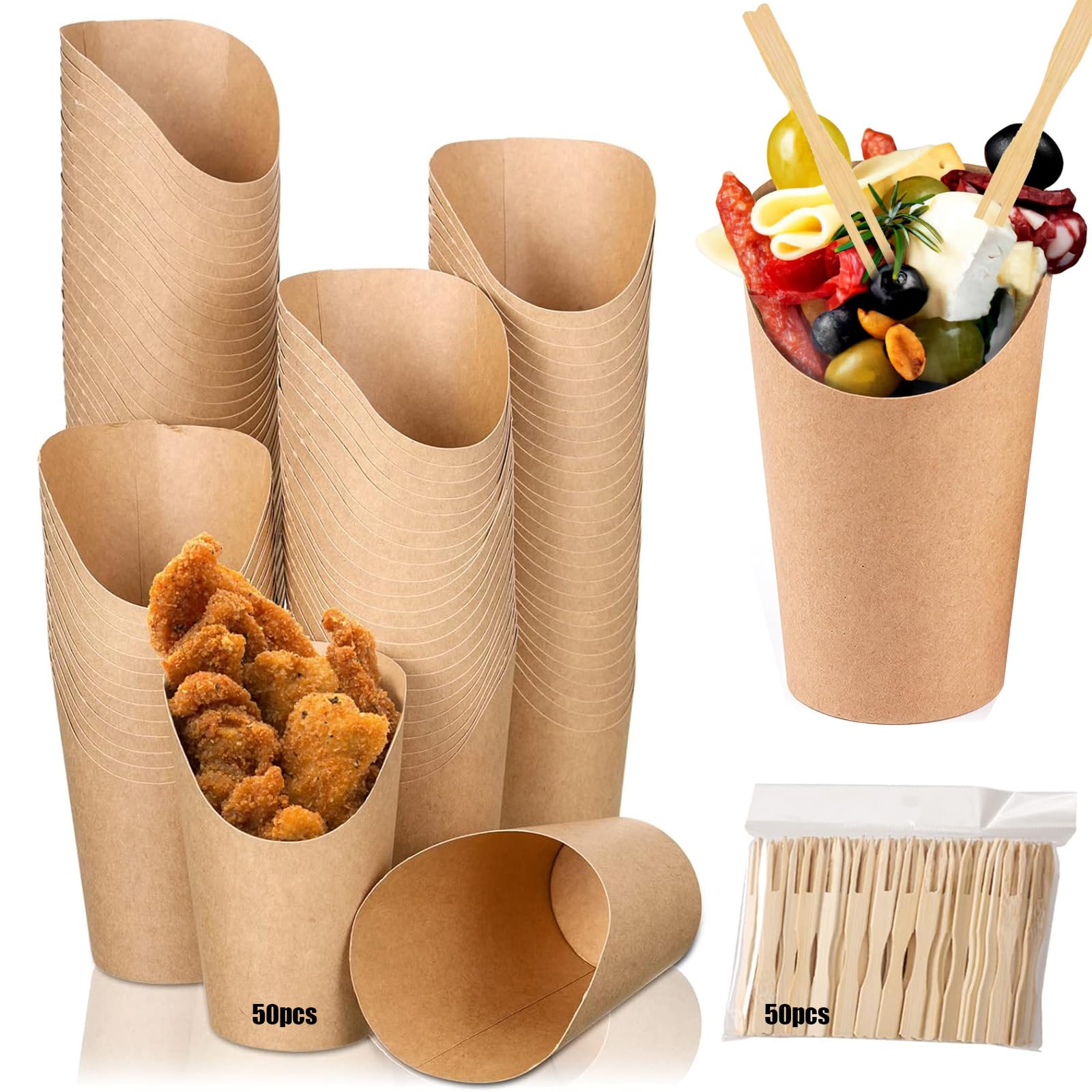 IS MUHEDisposable French Fries Holder 14 oz Take out Party Baking Supplies Waffle Paper Popcorn Sandwich Ice Cream Holder Cup Kraft Paper Container for Wedding Party Food Cones (50)