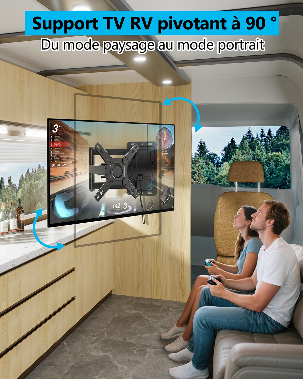 Support Mural pour Caravane TV avec Verrouillage pour la Plupart des TV 13-43 Pouces, Support RV TV pivotant à 180° VESA 200x200mm jusqu'à 25kg, Support Mural TV orientable et inclinable pour