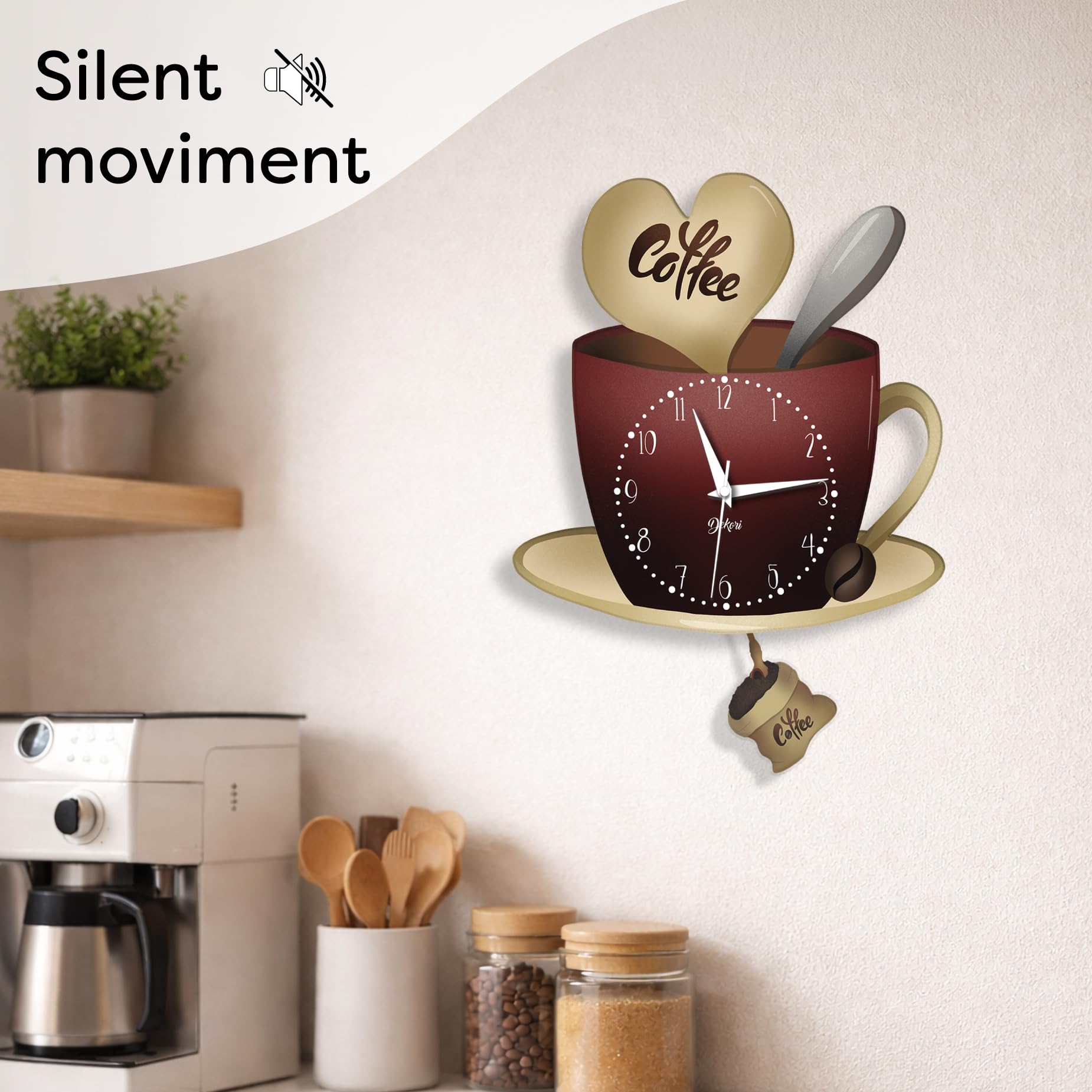 DEKORI Horloge Cuisine Tasse à Café avec Pendule – Horloge Murale Silencieuse Design Italien en Bois – Décoration Cuisine Moderne