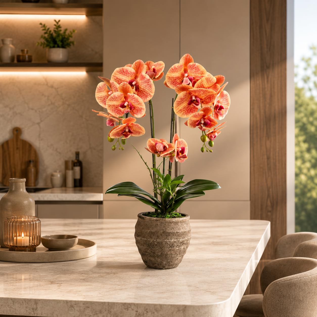 PASCH® Orchideen künstlich (60cm) in handgefertigtem Stone Cube Topf | Kunstblumen wie echt | künstliche Orchideen im Topf | künstliche Blumen im Topf | Kunstblume Orchidee (Orange)