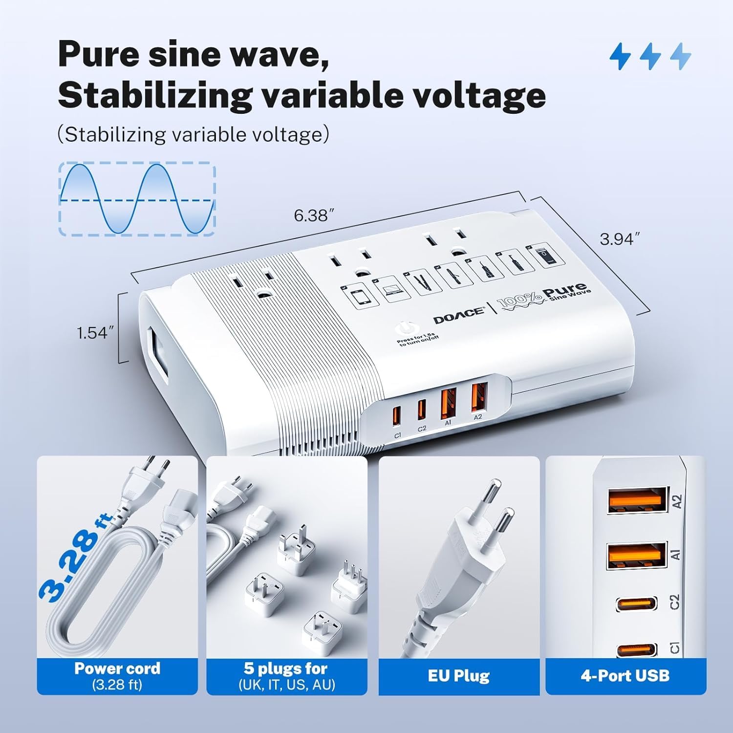 DOACE 500W Travel Adapter Voltage Converter, 220V to 110V Pure Sine Wave Step-Down Transformer for Europe UK AU Travel, for Hair Straighteners, Cameras & Devices