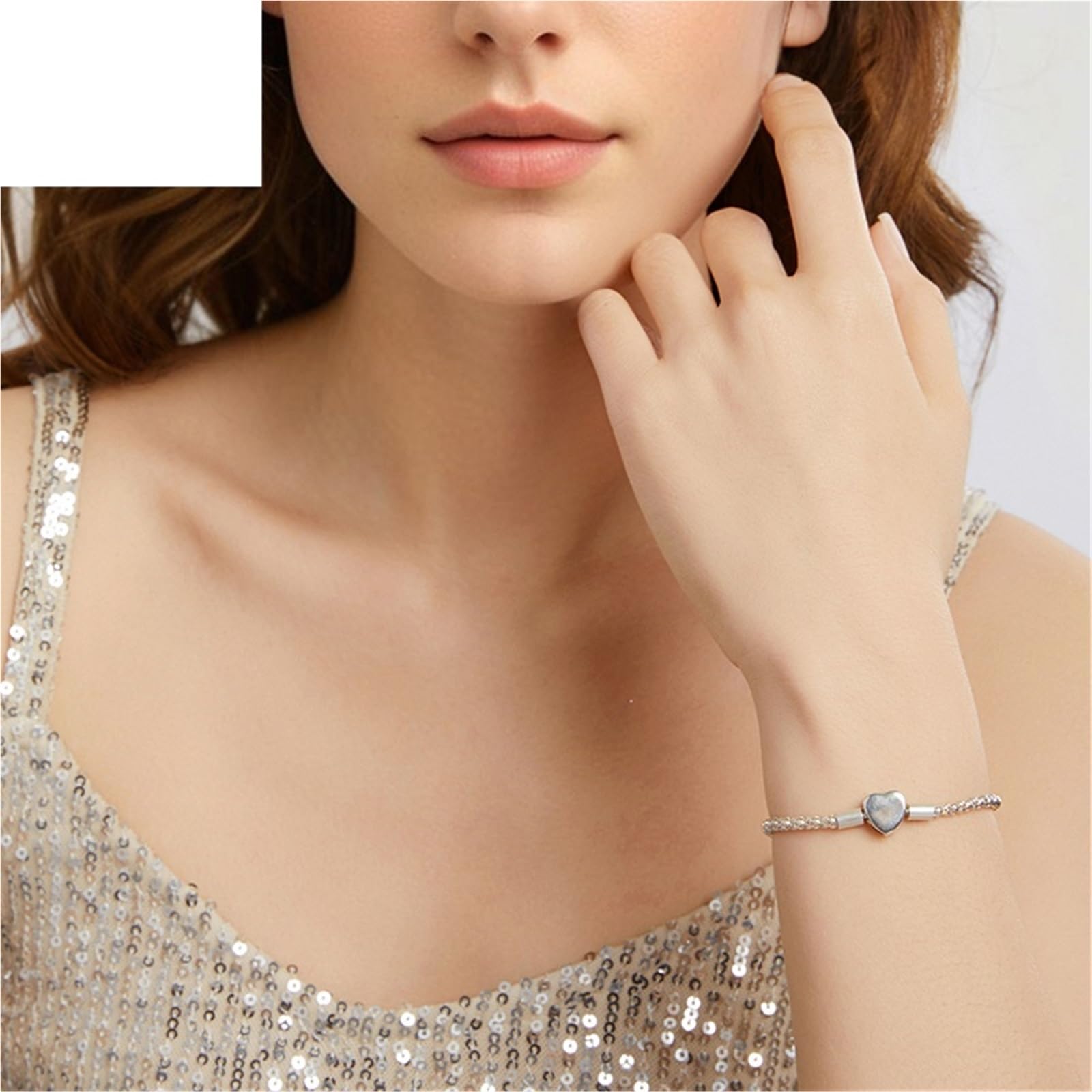 Bracelet Femme Argent Bracelet basique en argent sterling avec cœur for femme, breloques, perles, bijoux fins à faire soi-même