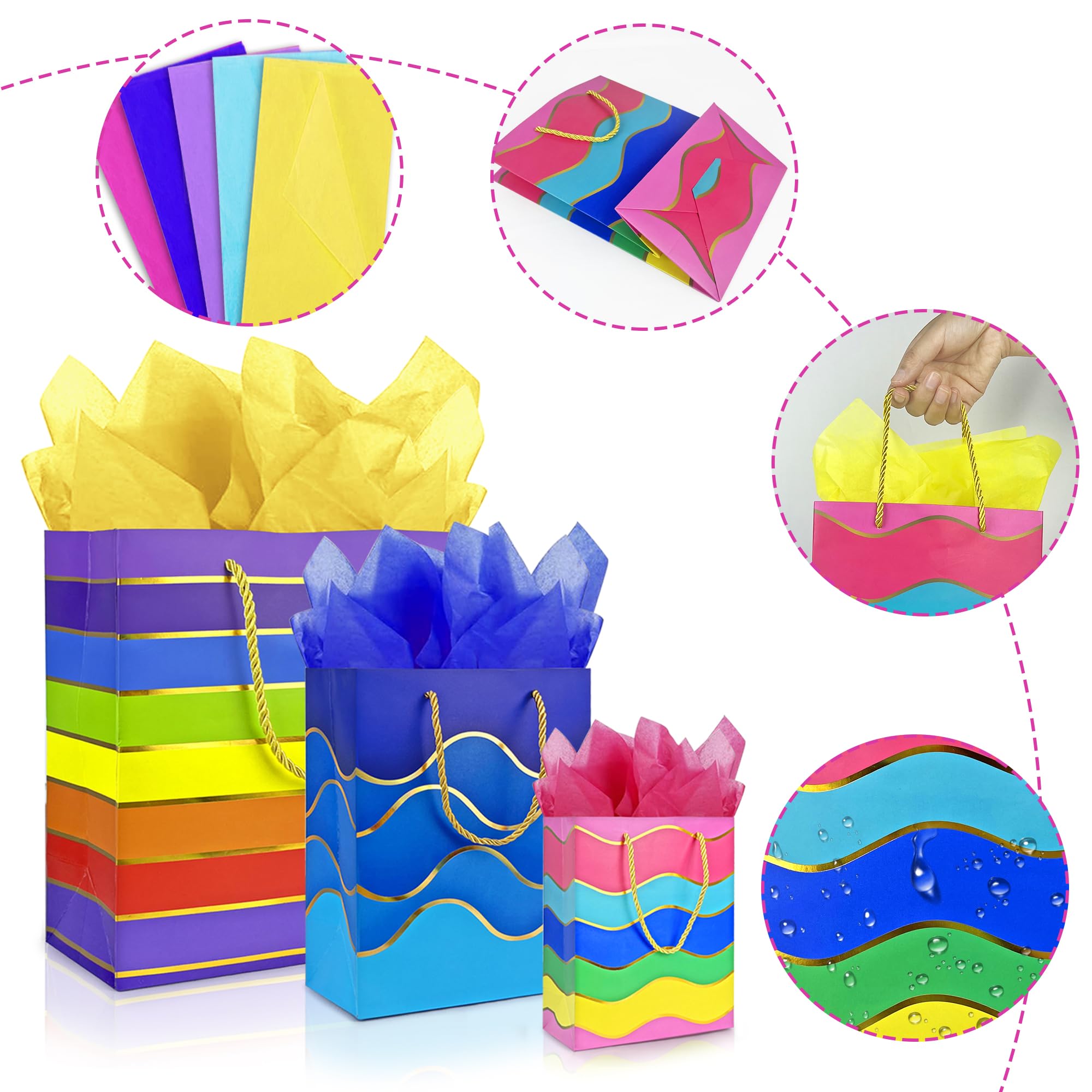MUMULULU Gift Bags Assorted Sizes and Designs with Handle and Tissue Paper Birthday Gift Bags Rainbow for Birthday Bag Party Baby Shower Wedding Holiday Presents (Striped, 10)