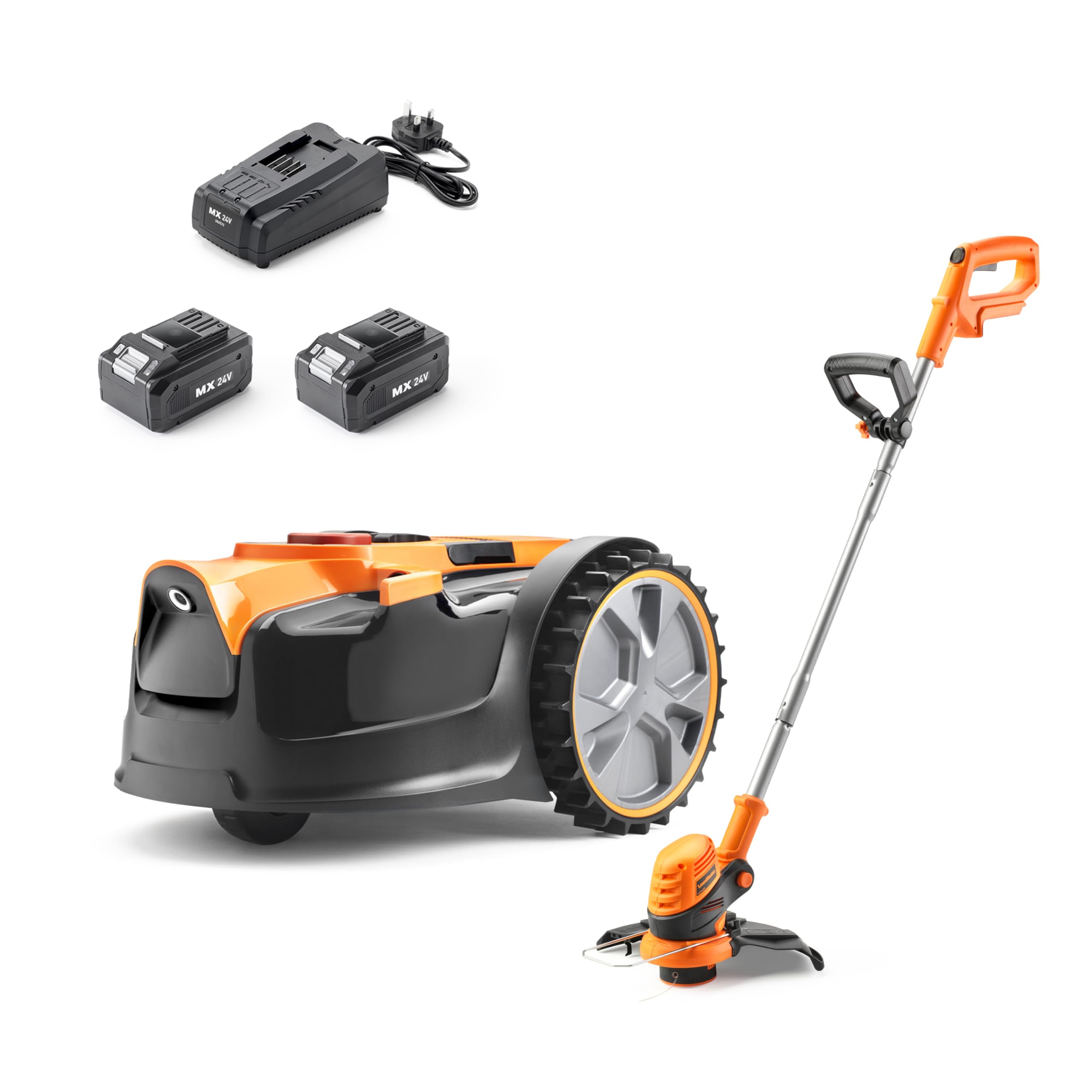 LawnMaster OcuMow® 16 Drop and Mow Robot Lawnmower & Cordless Grass Trimmer with 2x MX 24V lithium batteries and fast charger. No Boundary Wire, App or Outdoor Socket needed. For lawns up to 300m2
