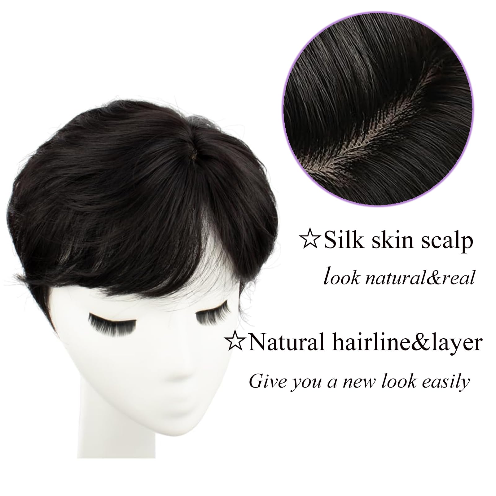 Hair Topper for Women Short Bob with Bangs &Side Part 360° 3D Cover 6.5x6.5 Inches Synthetic Topper Pieces Natural Look Wig for Thinning Grey Hair (Black) - Image 3
