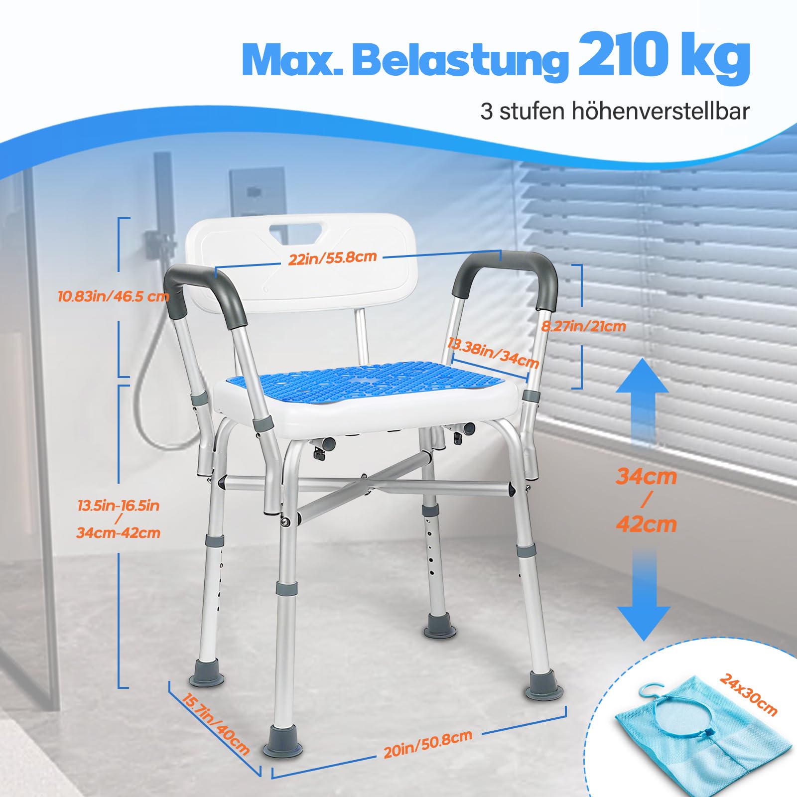 Duschhocker für Senioren - 210 KG Duschstuhl mit Rückenlehne und Armlehne, Höhenverstellbar Duschhilfe für Ältere, Schwangere, Menschen mit eingeschränkter Mobilität, Badewanne, Dusche, Fußhocker