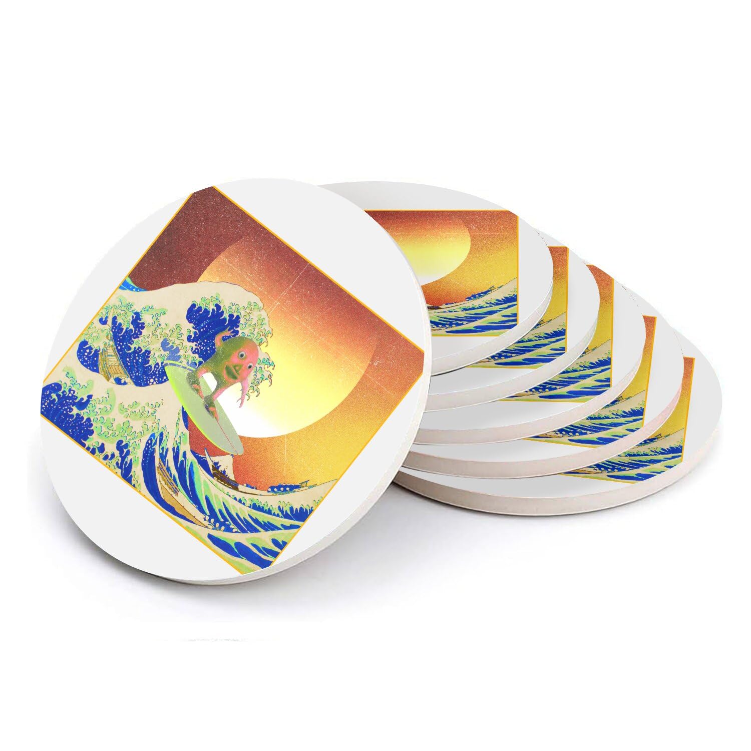 Sous-verre céramique vague Hokusai meme blague vintage idée cadeau geek originale lot de 6