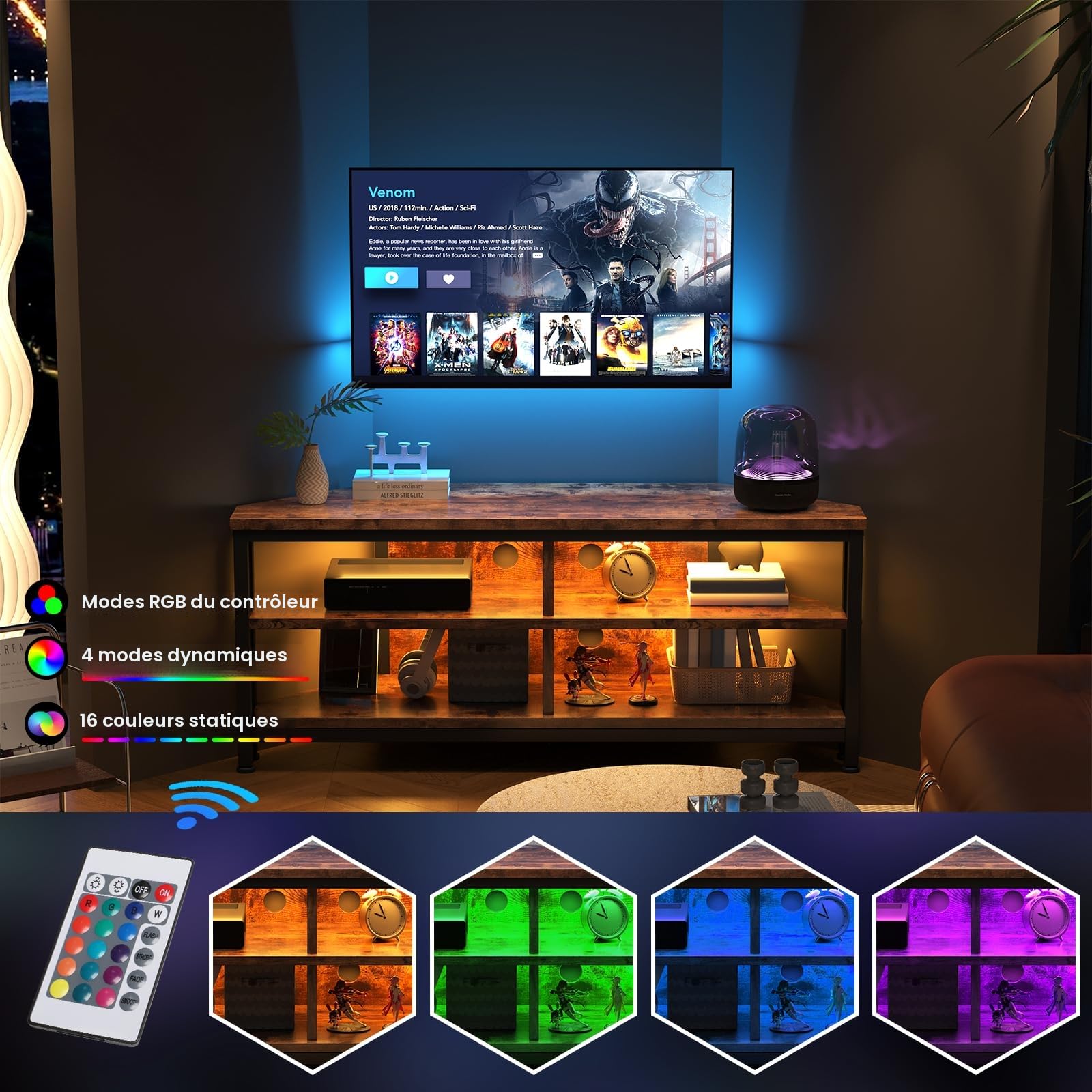 Dripex Meuble TV Bas d'angle avec éclairage LED Marron Vintage 106x36x45.5 cm