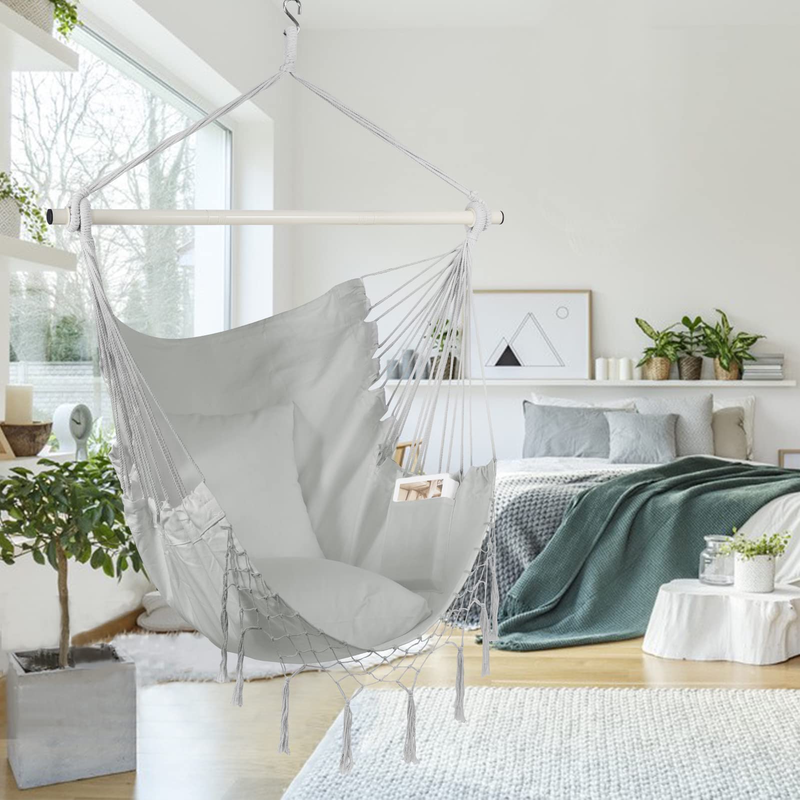 Jelofly Hammock Chair Large Hanging Rope Swing Seat Chair with Pocket Max 350 Lbs Superior Comfortable for Indoor Outdoor Home Bedroom Garden, Seat Cushions Not Included (Light Grey)