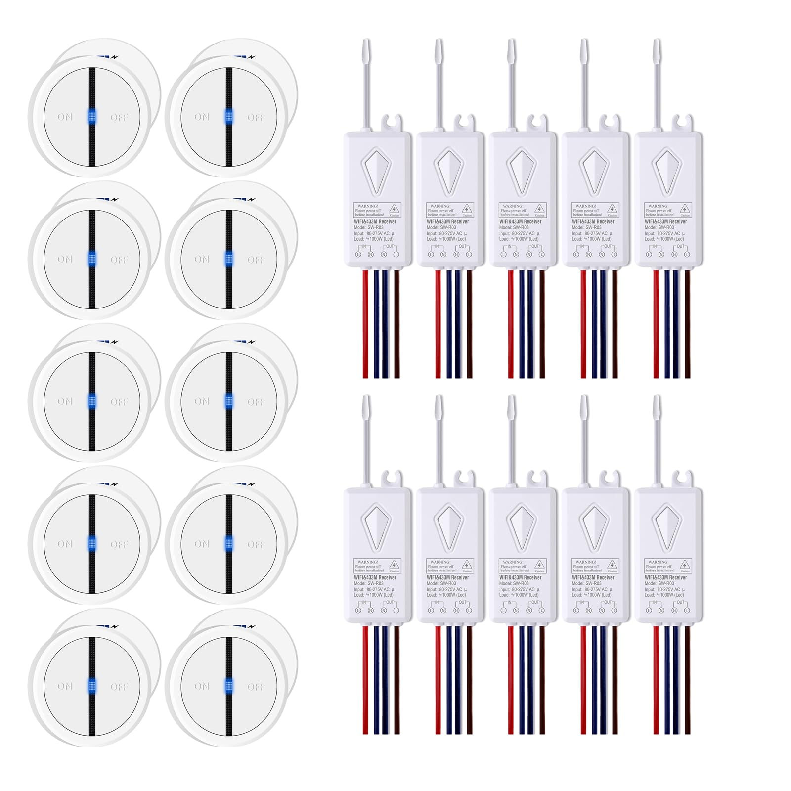 NineLeaf 10PK Smart Funk Lichtschalter und Empfänger mit 2.4-GHz-WLAN,Fernbedienungsschalter funktionieren mit Alexa und Google Assistant,Sprachsteuerung,für Zuhause und Büro