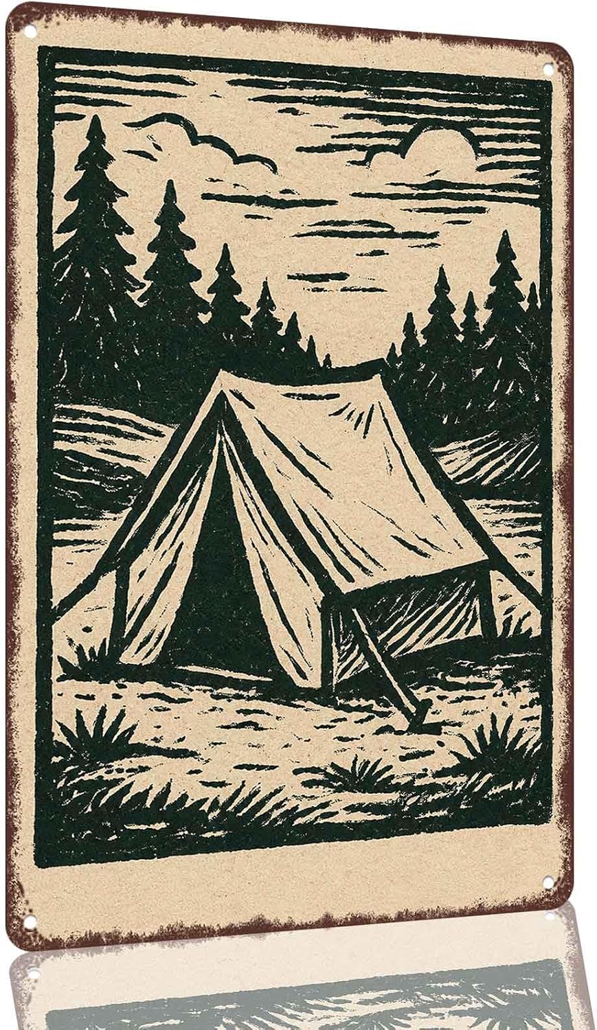 Forest Camping Tent Linocut Art 8 x 12 Inch Aluminum Wall Decor