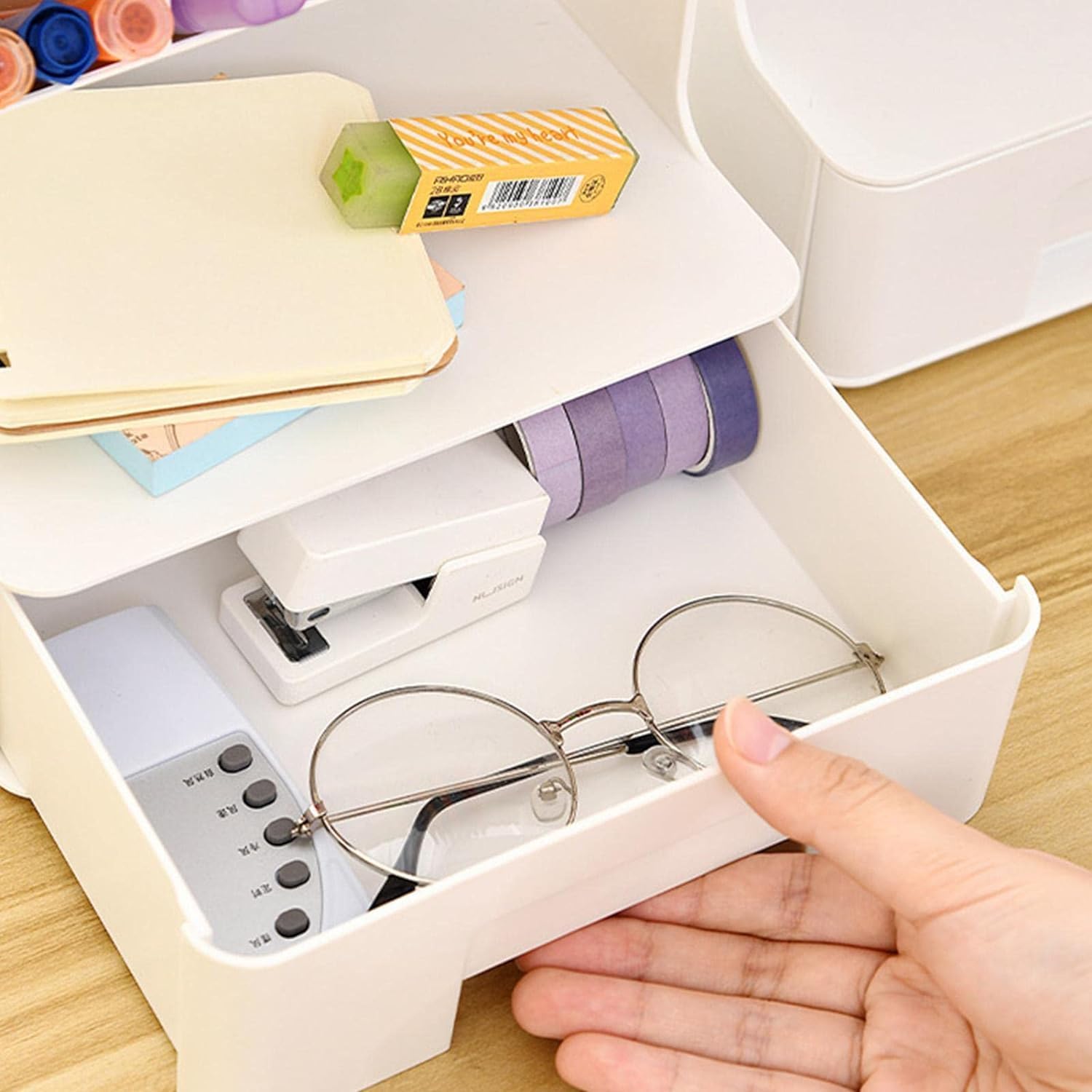 Organizer da scrivania con cassetto, portapenne, portapenne per scrivania, contenitore per cancelleria, organizer da tavolo multiscomparto, accessori da scrivania per ufficio, arte e