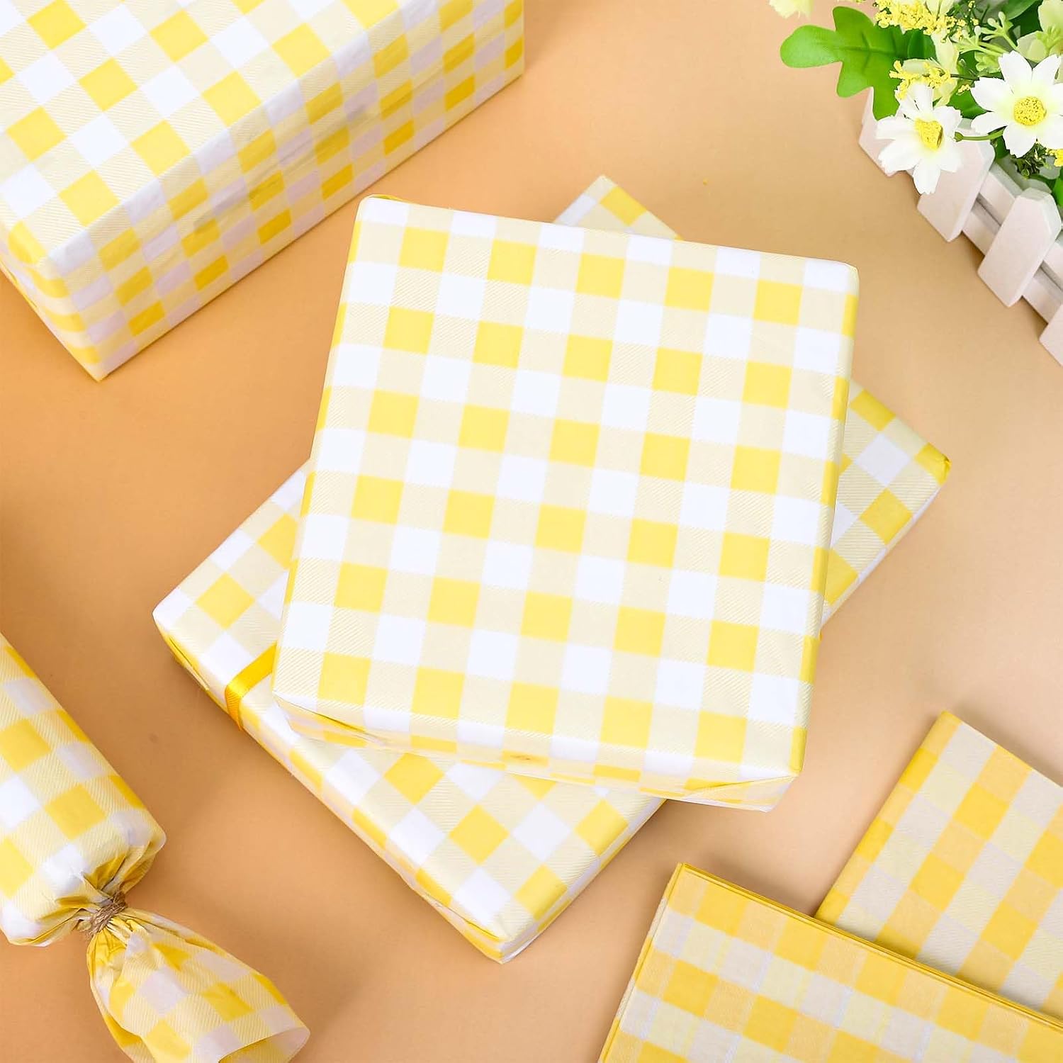 Whaline 100 Sheets Light Yellow Buffalo Plaid Tissue Paper Pastel Yellow Gingham Gift Wrapping Tissue Decorative Art Paper for DIY Crafts Wedding Birthday Baby Shower Bouquet, 13.7 x 19.6 Inch image 3
