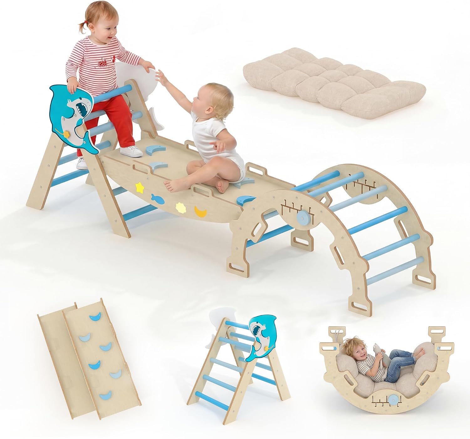 Kids Foldable Triangle Set with Cushion, 7 in 1 Wooden Toddler Climbing Toys Indoor, Kids Jungle Gym Play Structure with Reversible Slide Ramp & Rocking Arch, Baby Climber for Toddlers Toys-Cat, Pink