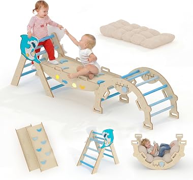 Kids Foldable Triangle Set with Cushion, 7 in 1 Wooden Toddler Climbing Toys Indoor, Kids Jungle Gym Play Structure with Reversible Slide Ramp & Rocking Arch, Baby Climber for Toddlers-Dolphin, Blue