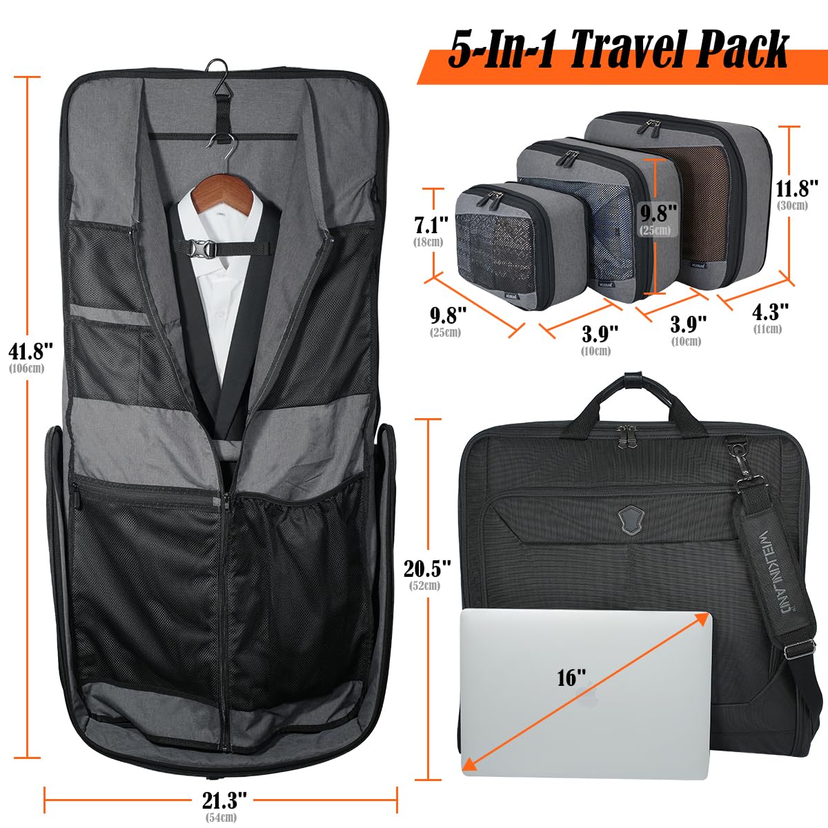 WELKINLAND Kleidersäcke für Reisen, mit 4 Packwürfeln, 30 l, großer Handgepäcksack für Reisen, 15 Taschen, Anzughalter, Reisetasche, faltenfreier Anzug-Kleidersack für Herren