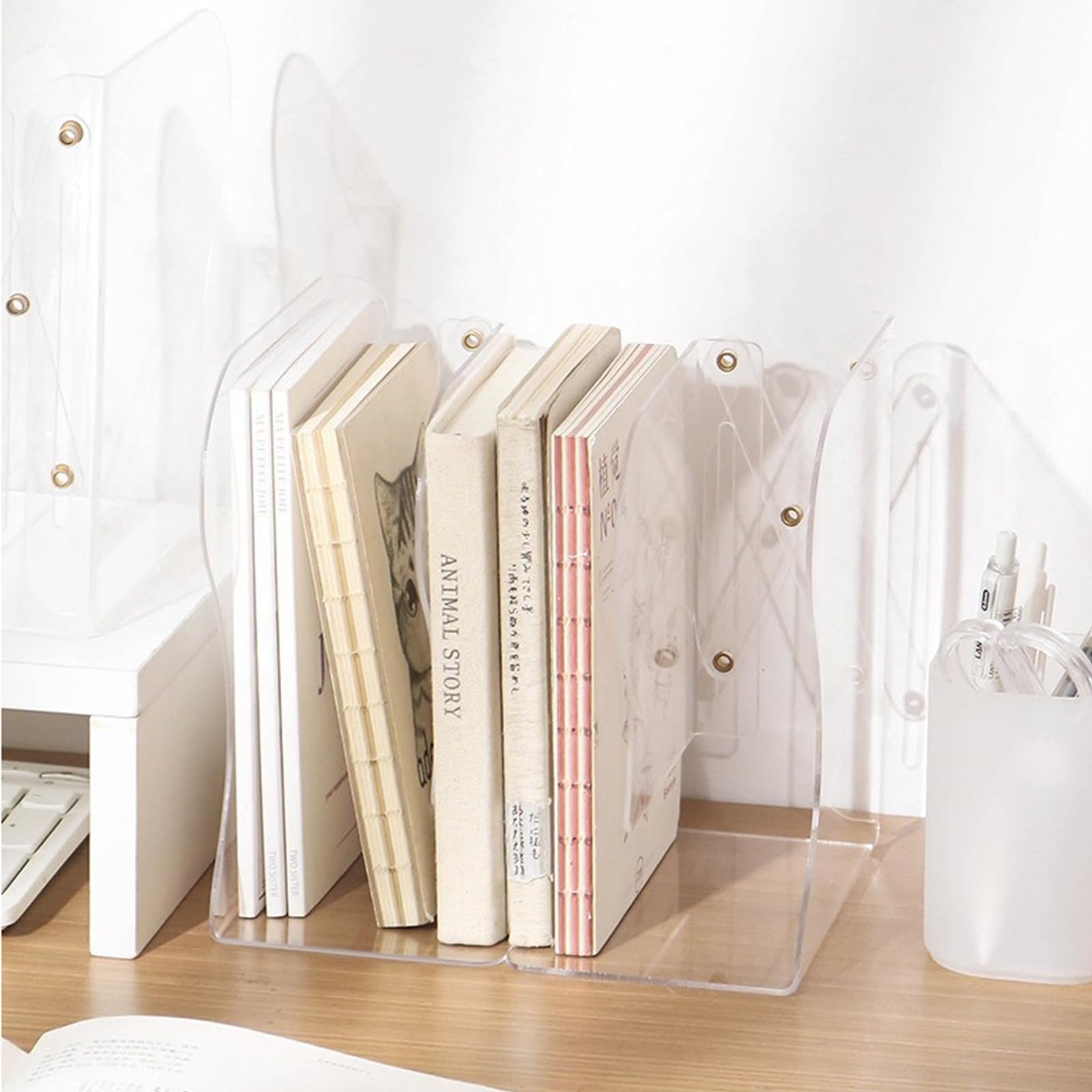 Sujetalibros ajustables, sujetalibros de plástico con 2 divisores, sujetalibros transparentes para estantes, soporte para libros pesados, organizador de libros expandibles para escritorio, oficina