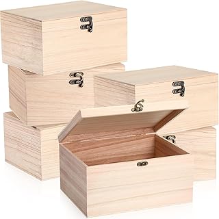 Yookeer 6 Pcs Large Unfinished Wooden Box with Hinged Lid and Front Clasp, Rectangle Unpainted Crafts DIY Wood Boxes Treasure Chest Stash Box for Art Gifts Jewelry Home Storage, 10.6x8.1x5.7 Inch