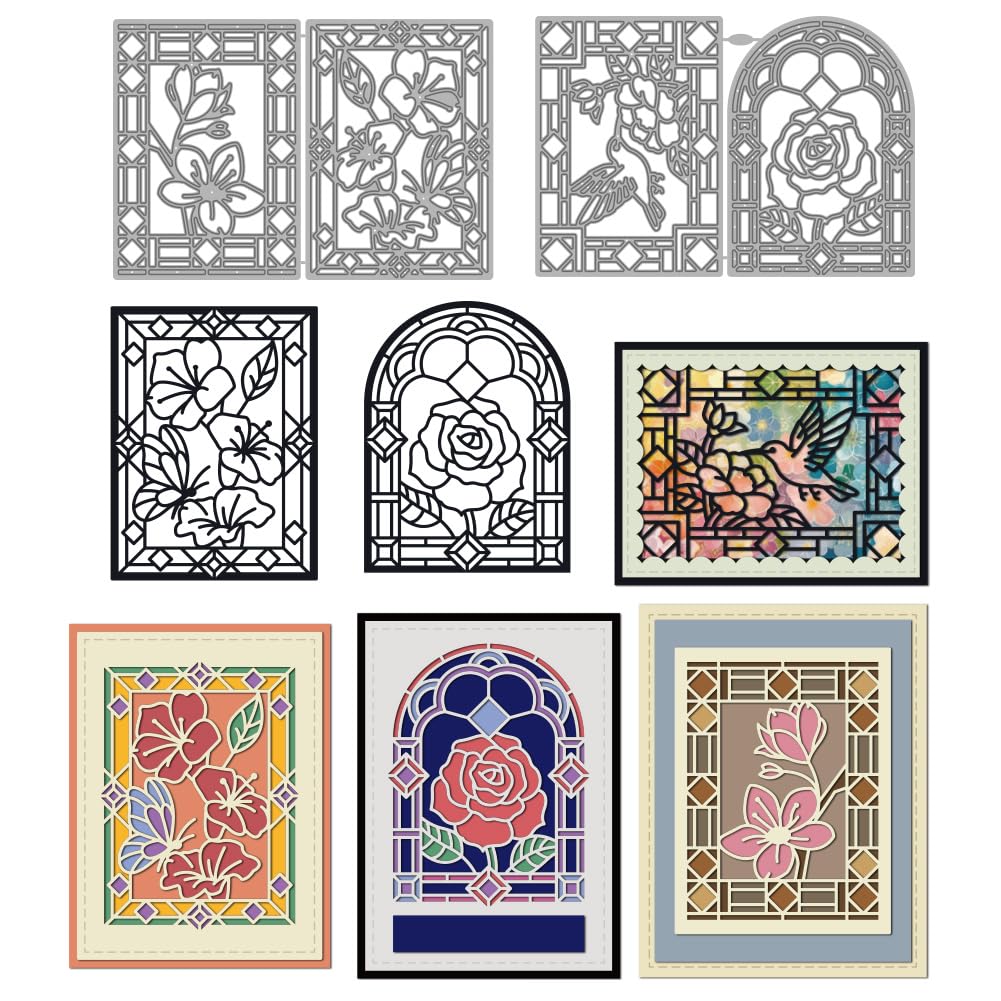 MAYJOYDIY Flower Oriental Borders Metal Cutting Dies Geometric Frame Bird Carbon Steel Stencils Arched Window Frame Embossing Template Dies for DIY Paper Craft Card Making Scrapbooking Album Decor