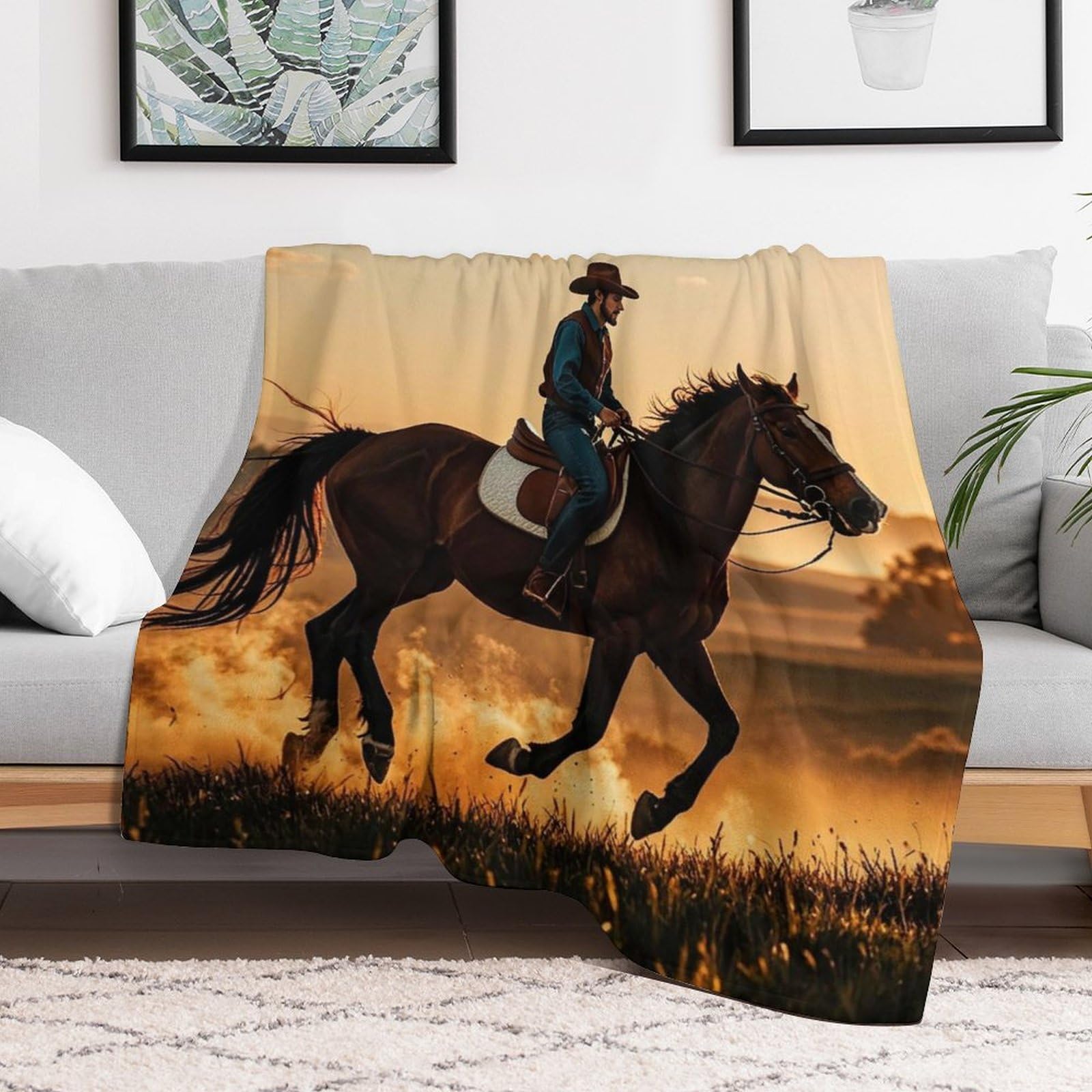 Couverture polaire en flanelle premium au motif d'équitation et finitions soignées