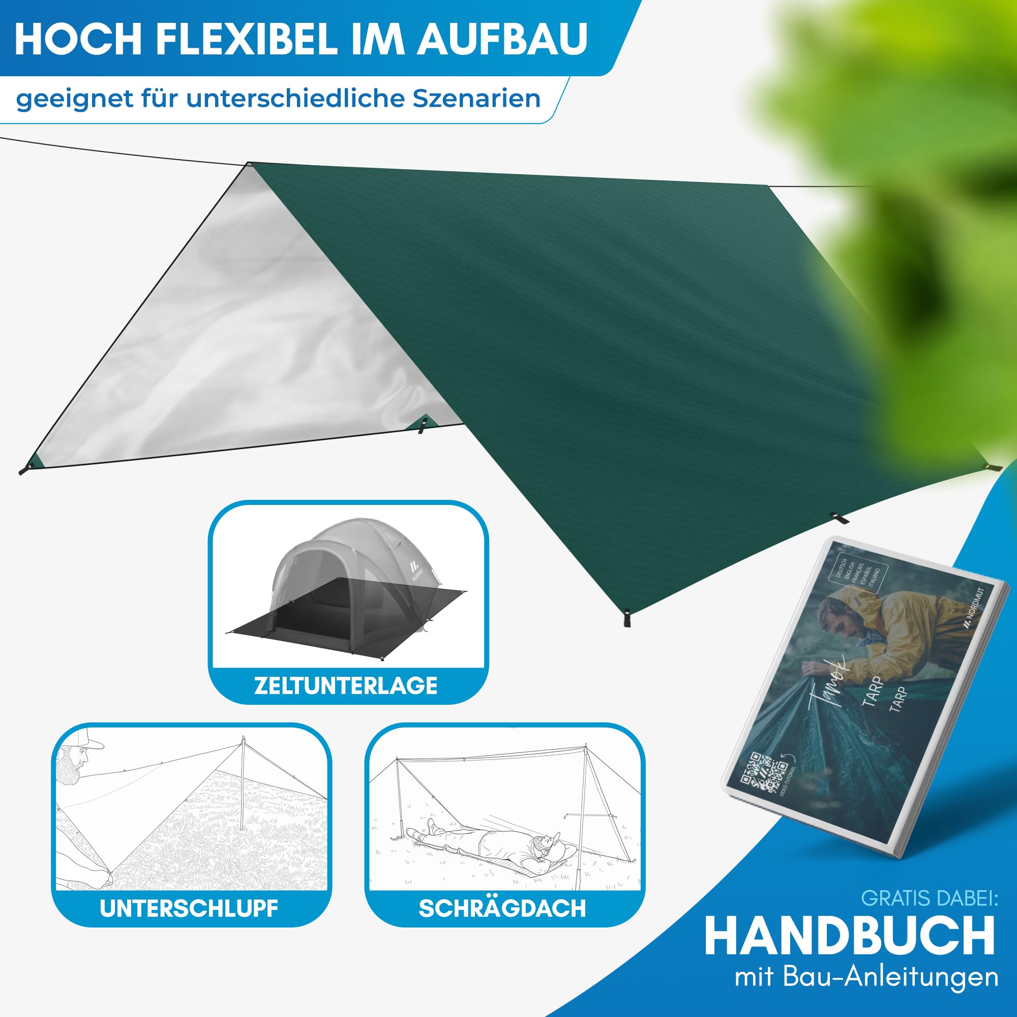 NORDMUT® Tarp 3x3/4m wasserdicht Zeltplane mit Ösen Ultraleicht für Camping Wandern